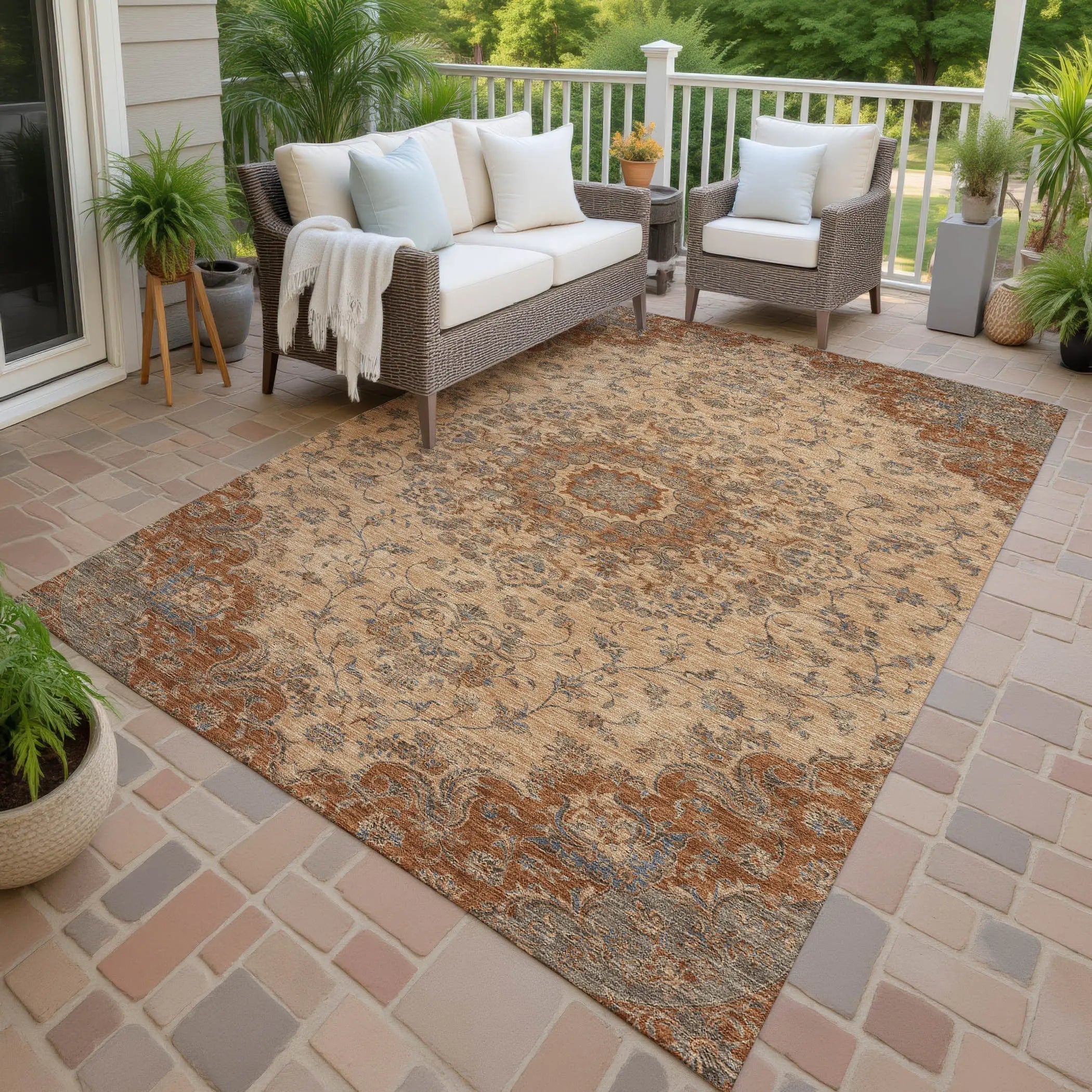 8' X 10' Copper And Orange Floral Medallion Washable Indoor Outdoor Area Rug Homeroots Outdoor