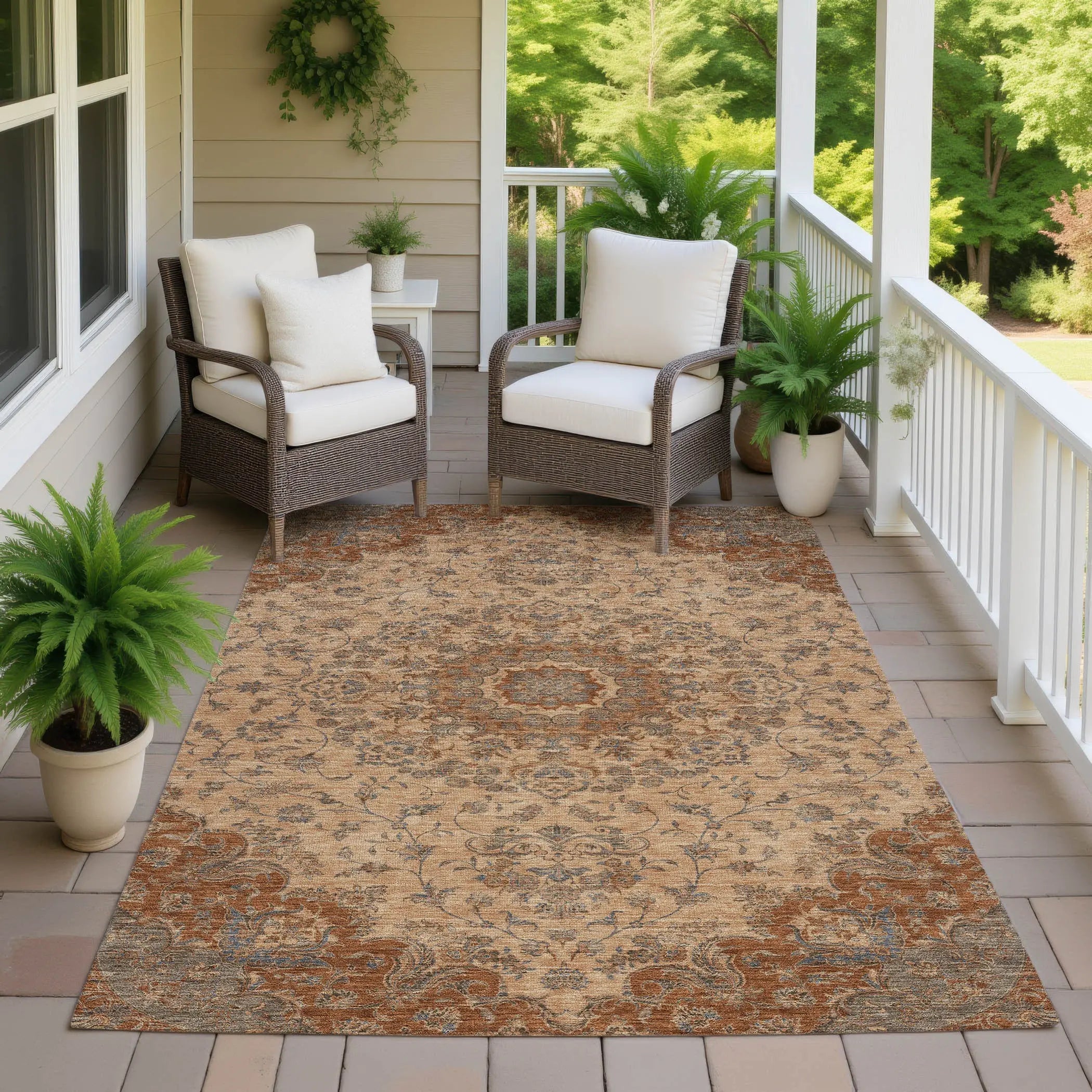 8' X 10' Copper And Orange Floral Medallion Washable Indoor Outdoor Area Rug Homeroots Outdoor
