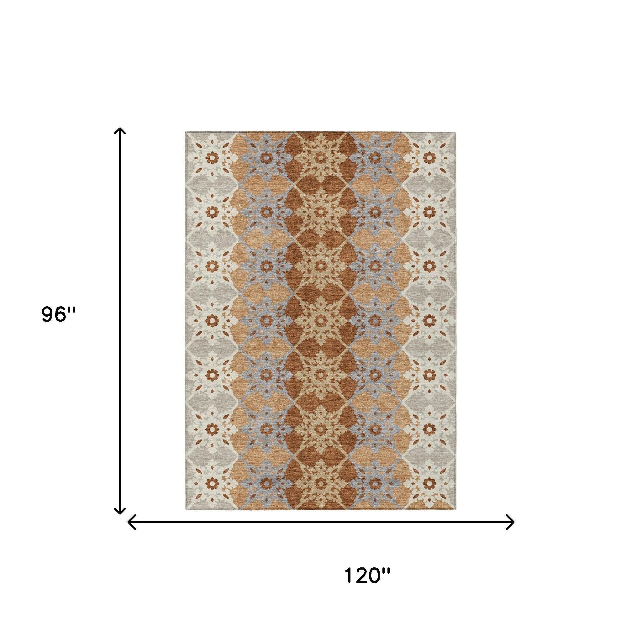 8' X 10' Copper And Orange Floral Medallion Washable Indoor Outdoor Area Rug Homeroots Outdoor