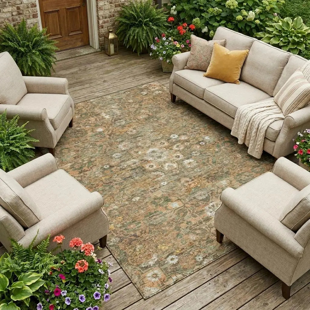 8' X 10' Copper And Orange Floral Medallion Washable Indoor Outdoor Area Rug Homeroots Outdoor