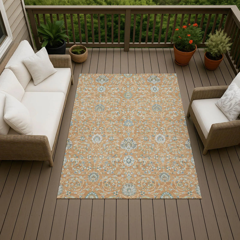 8' X 10' Copper And Orange Floral Washable Indoor Outdoor Area Rug Homeroots Outdoor