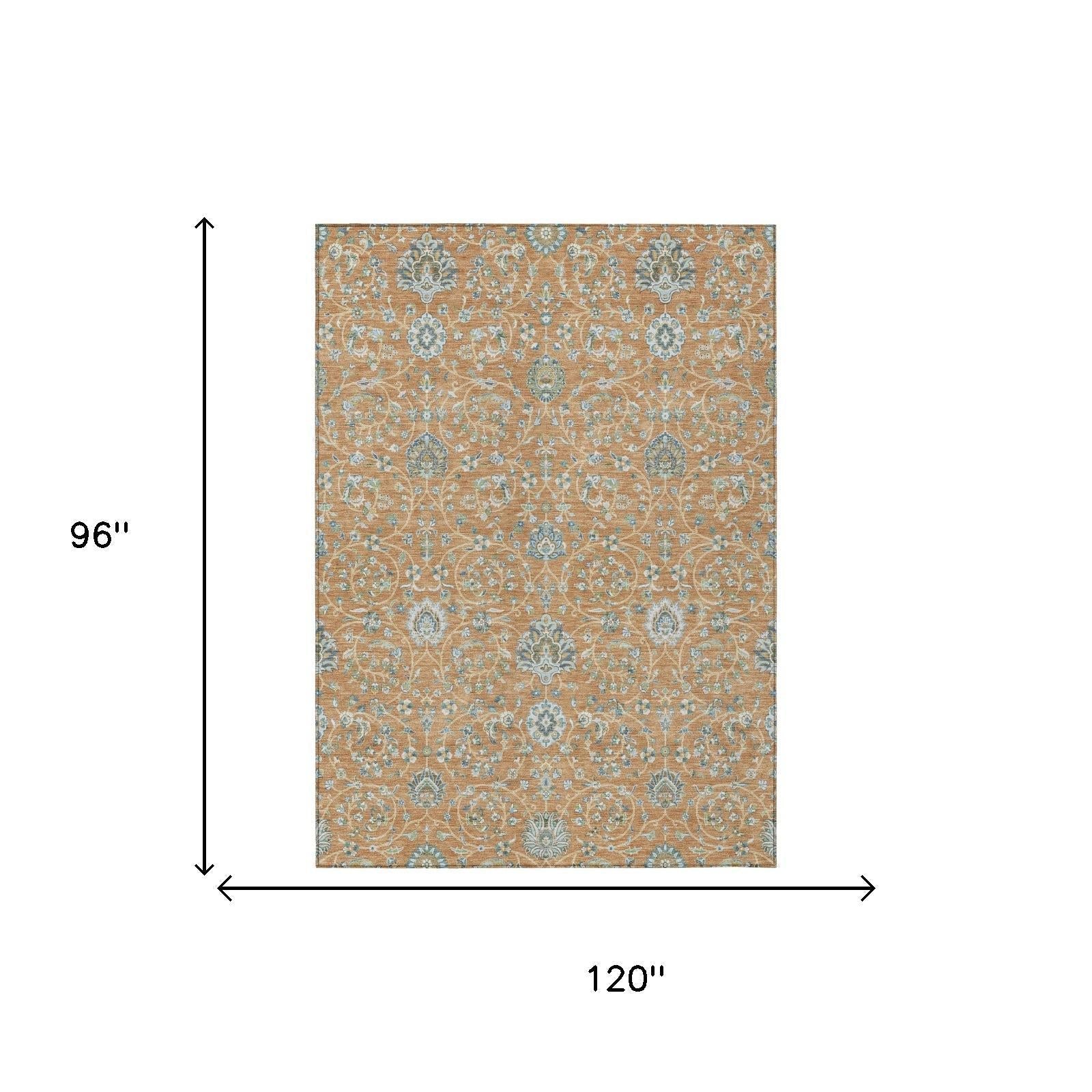 8' X 10' Copper And Orange Floral Washable Indoor Outdoor Area Rug Homeroots Outdoor