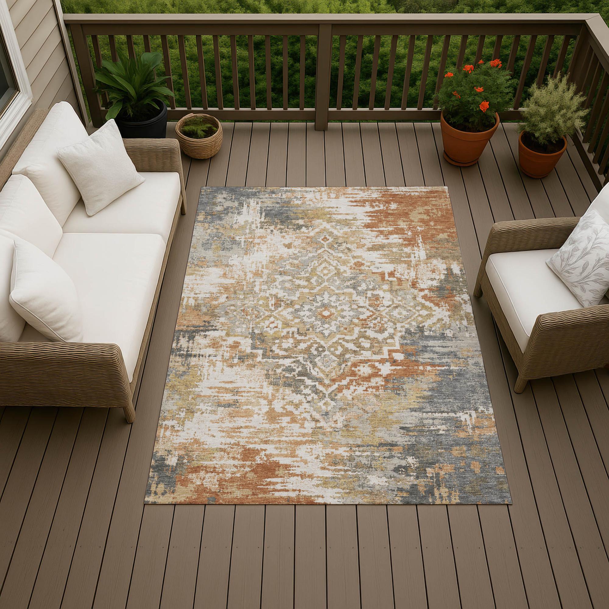 8' X 10' Copper And Orange Medallion Washable Indoor Outdoor Area Rug Homeroots Outdoor