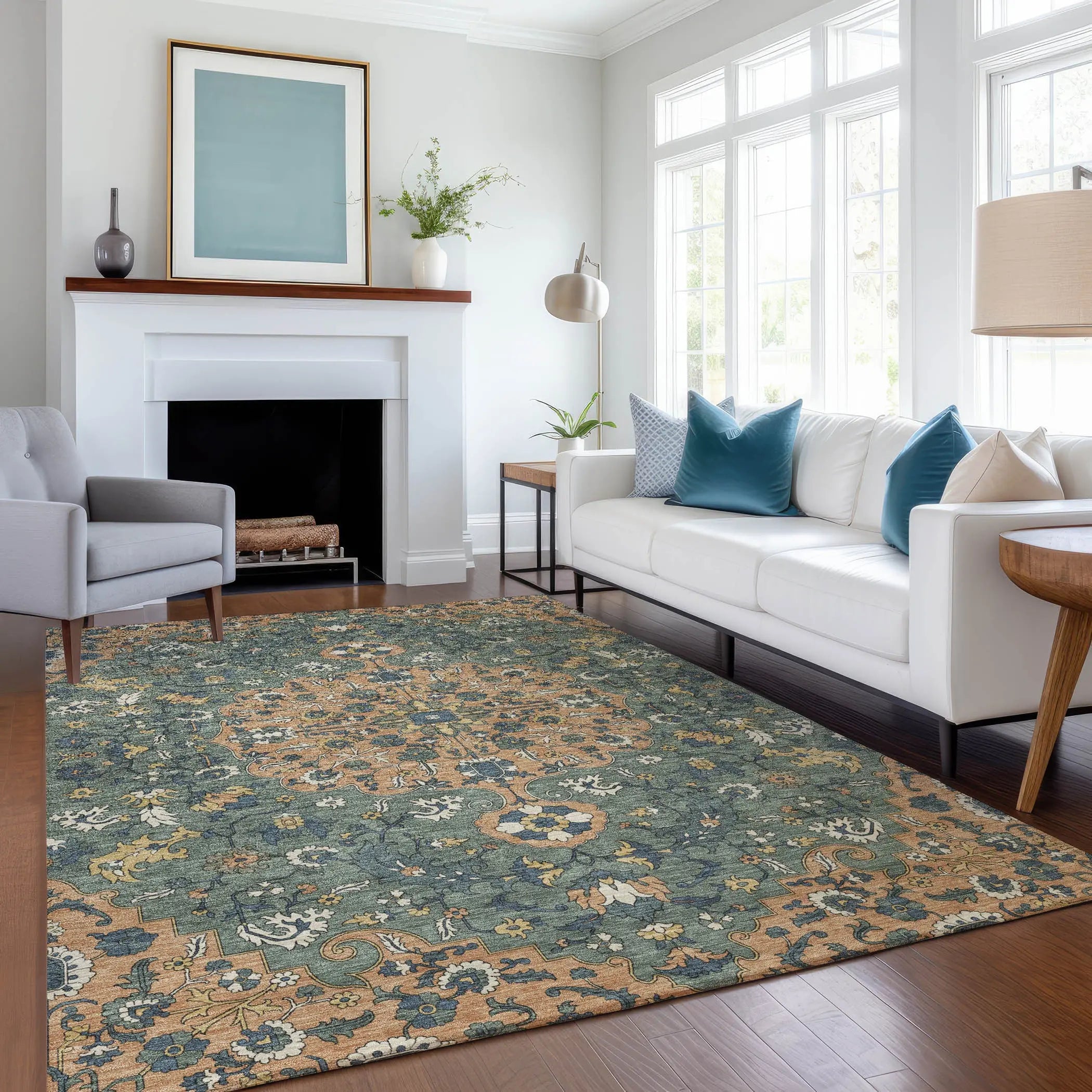 8' X 10' Copper And Sage Floral Medallion Washable Indoor Outdoor Area Rug Homeroots Outdoor