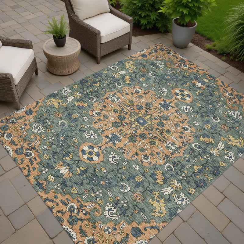 8' X 10' Copper And Sage Floral Medallion Washable Indoor Outdoor Area Rug Homeroots Outdoor