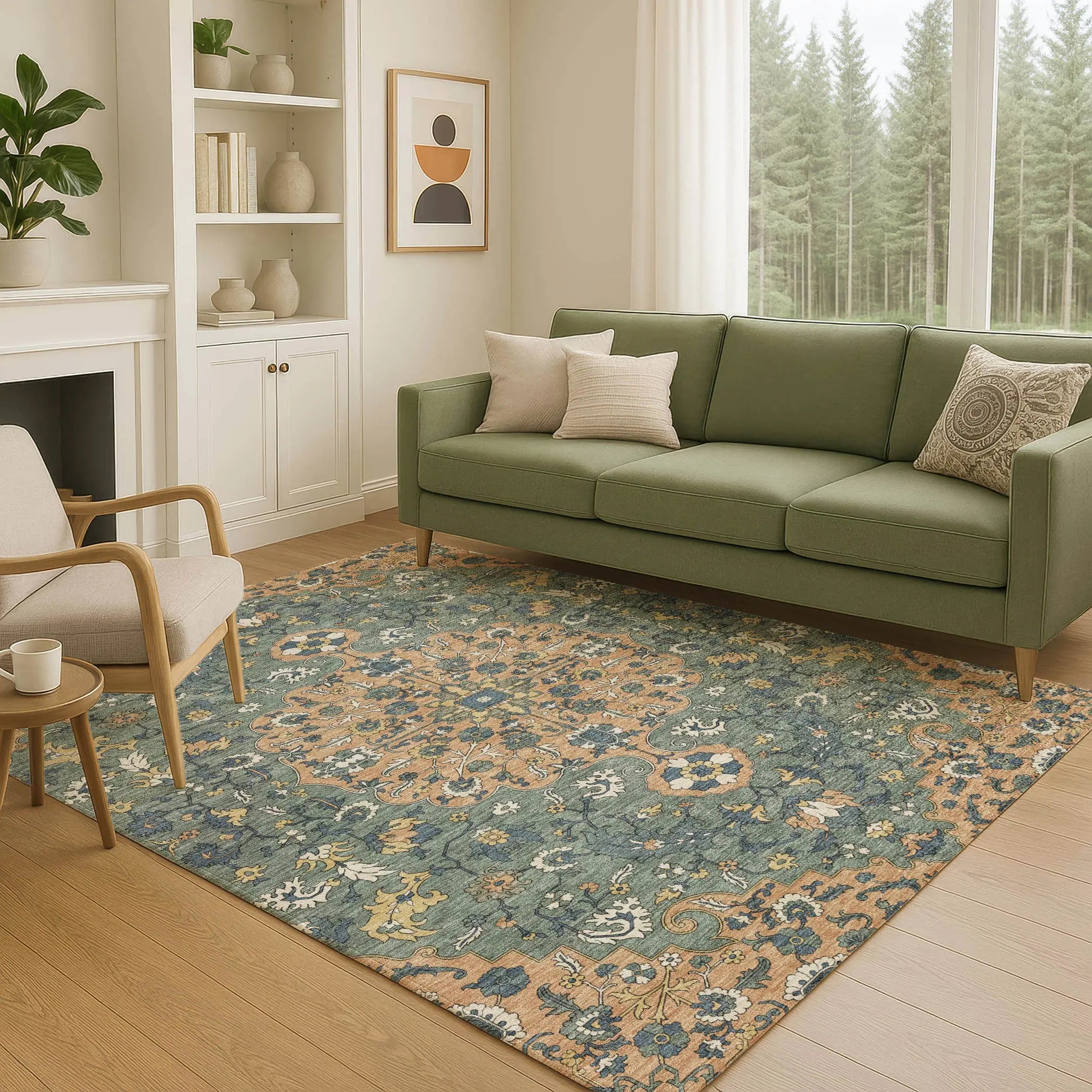 8' X 10' Copper And Sage Floral Medallion Washable Indoor Outdoor Area Rug Homeroots Outdoor