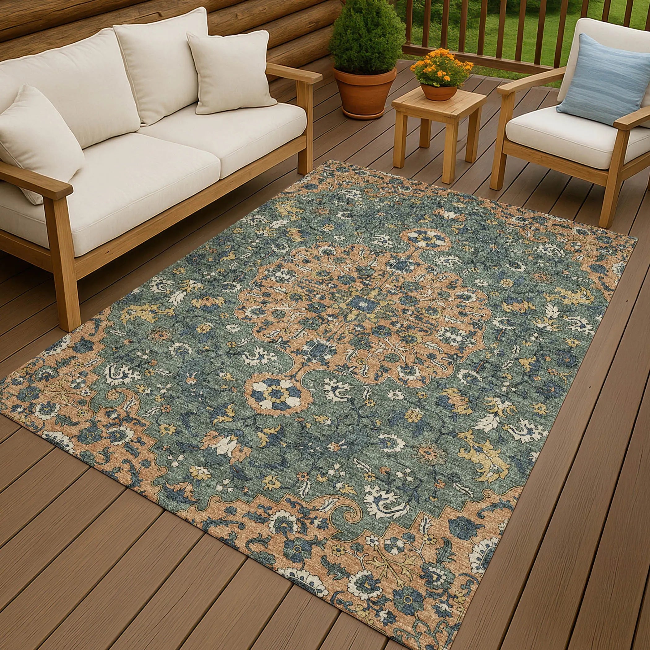 8' X 10' Copper And Sage Floral Medallion Washable Indoor Outdoor Area Rug Homeroots Outdoor