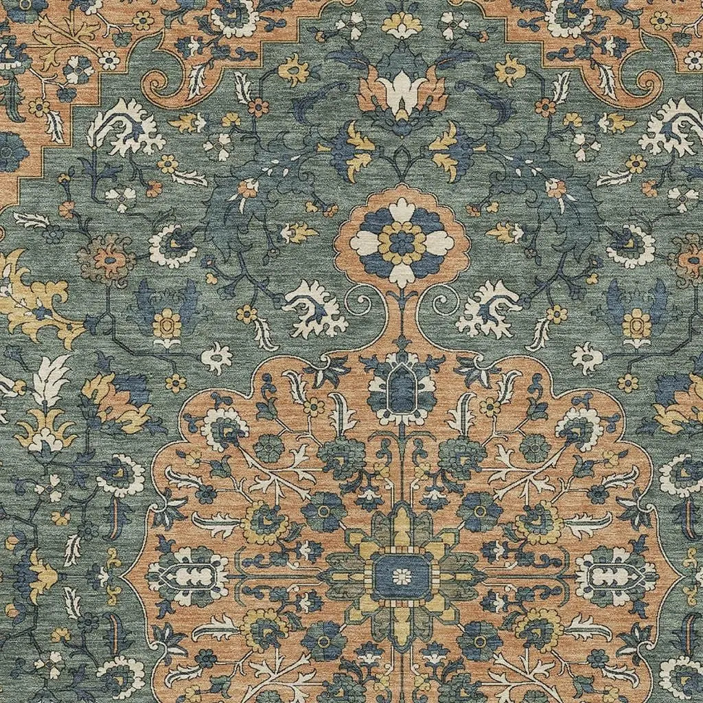 8' X 10' Copper And Sage Floral Medallion Washable Indoor Outdoor Area Rug Homeroots Outdoor