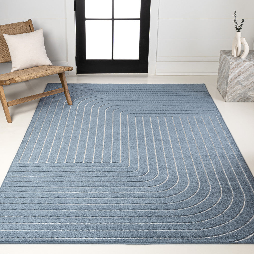 8' X 10' Dark Blue And Cream Striped Indoor Outdoor Area Rug - GreatEagleInc