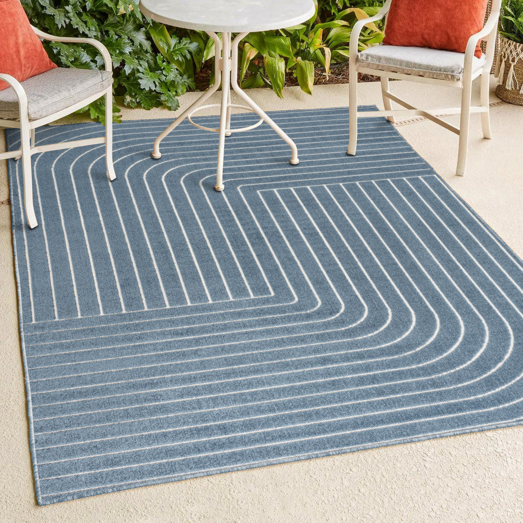 8' X 10' Dark Blue And Cream Striped Indoor Outdoor Area Rug - GreatEagleInc