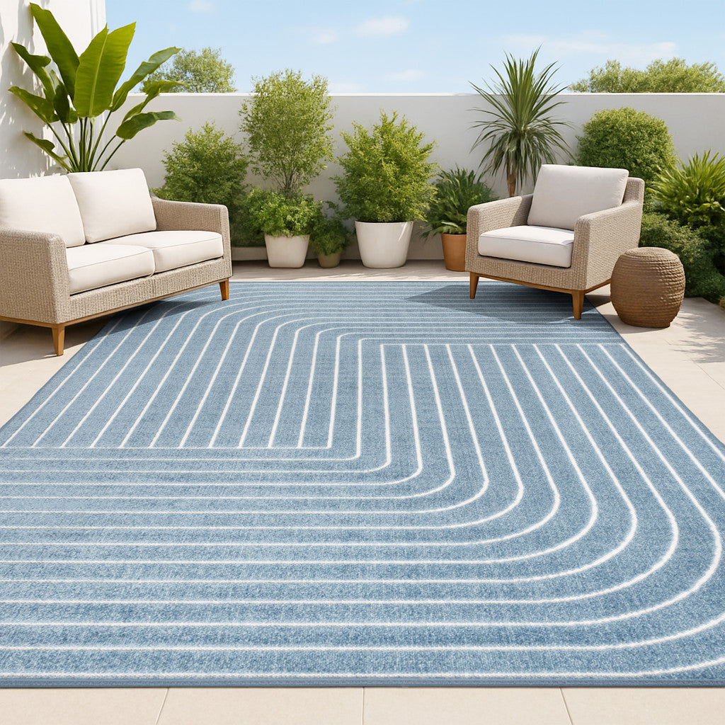 8' X 10' Dark Blue And Cream Striped Indoor Outdoor Area Rug - GreatEagleInc