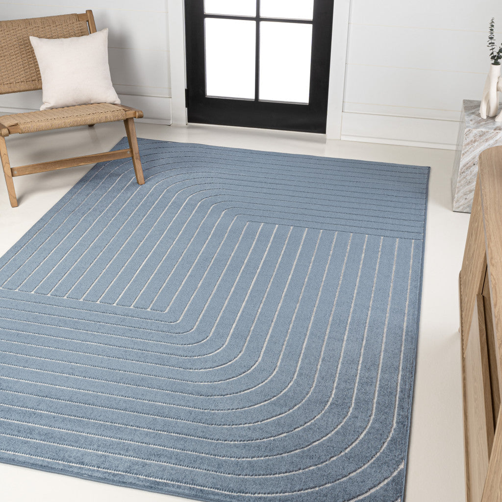 8' X 10' Dark Blue And Cream Striped Indoor Outdoor Area Rug - GreatEagleInc