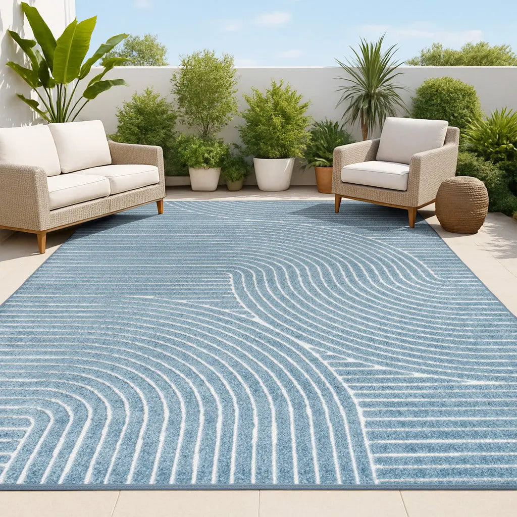 8' X 10' Dark Blue And Cream Striped Indoor Outdoor Area Rug Homeroots Outdoor