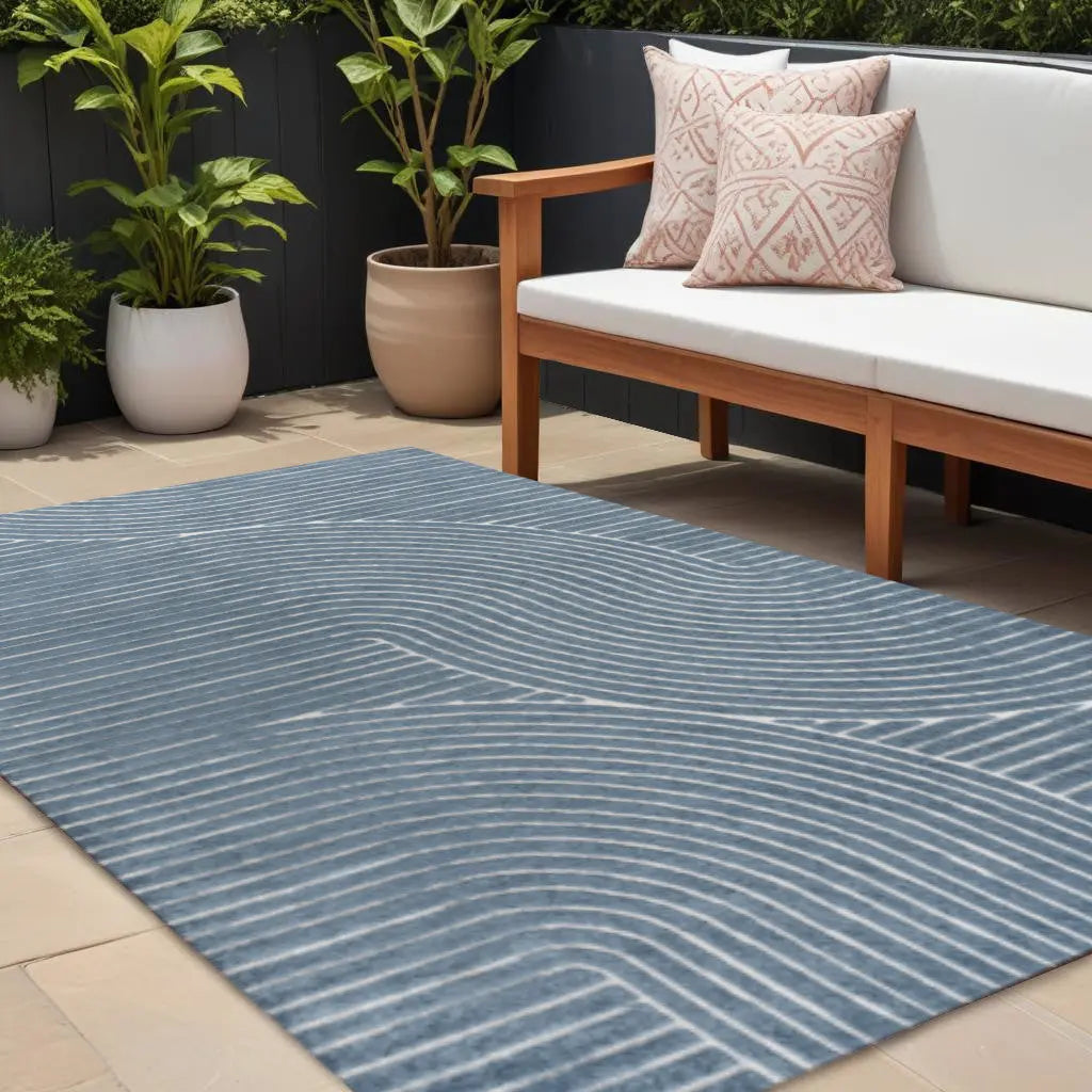 8' X 10' Dark Blue And Cream Striped Indoor Outdoor Area Rug Homeroots Outdoor