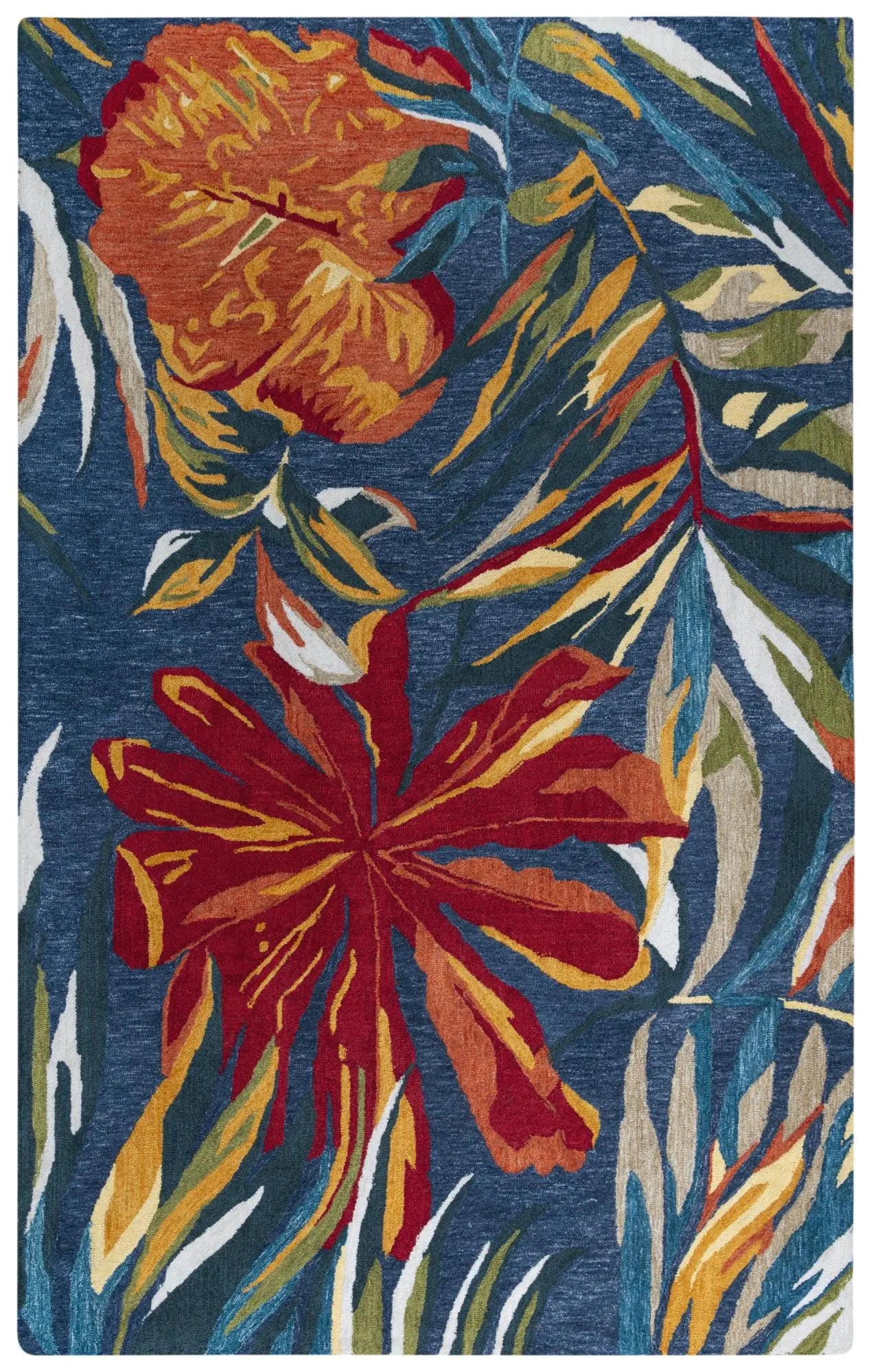 8' X 10' Dark Blue Red Orange Yellow And Green Floral Hand Tufted Area Rug Homeroots Home Decor