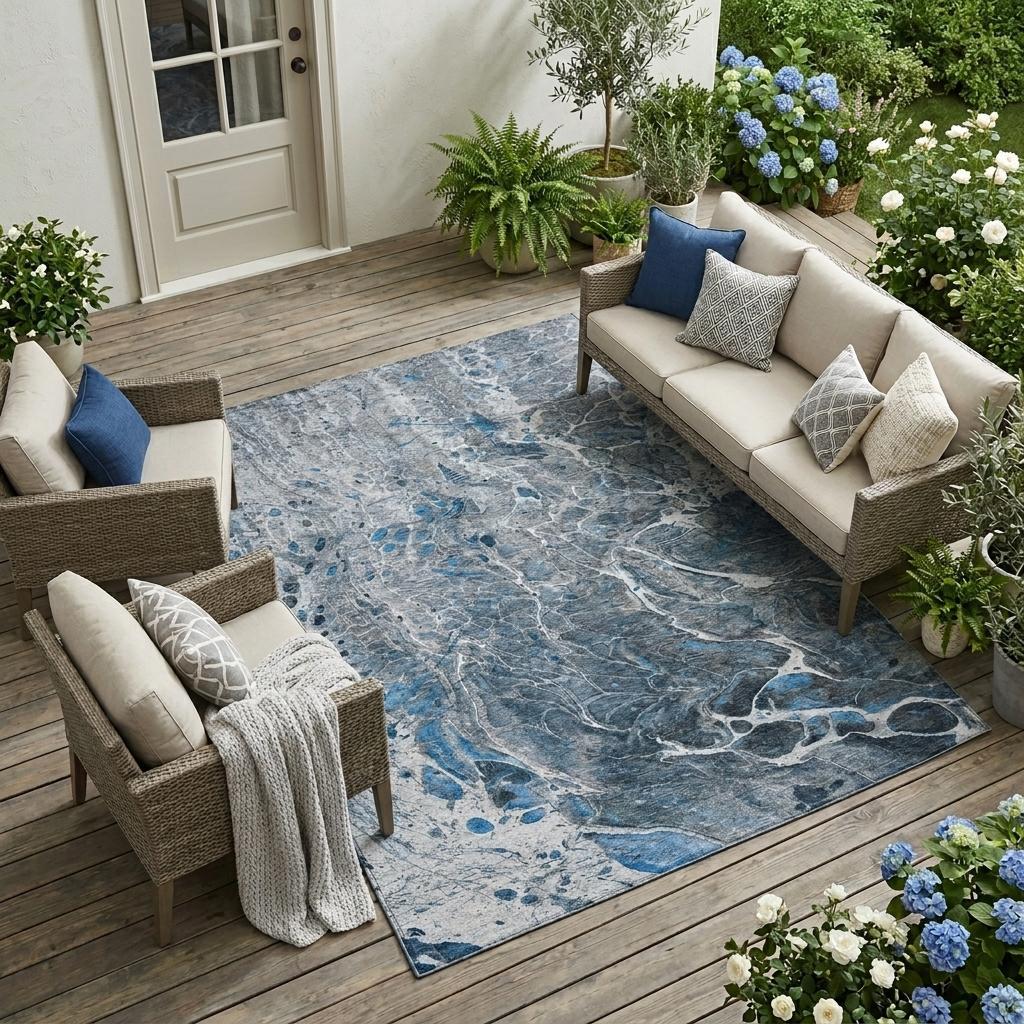 8' X 10' Denim Blue And Blue Abstract Washable Indoor Outdoor Area Rug Homeroots Outdoor
