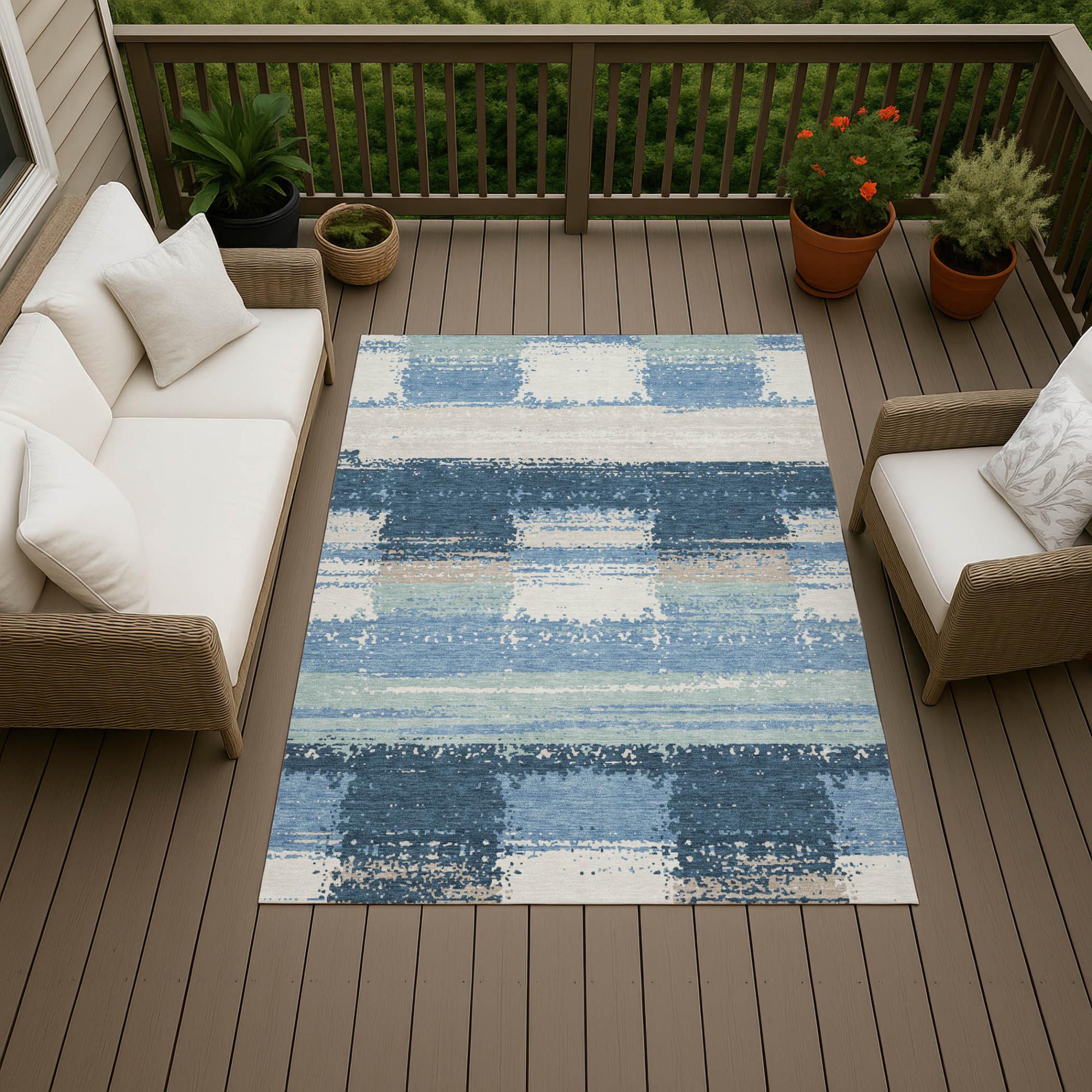 8' X 10' Denim Blue And Blue Geometric Washable Indoor Outdoor Area Rug Homeroots Outdoor