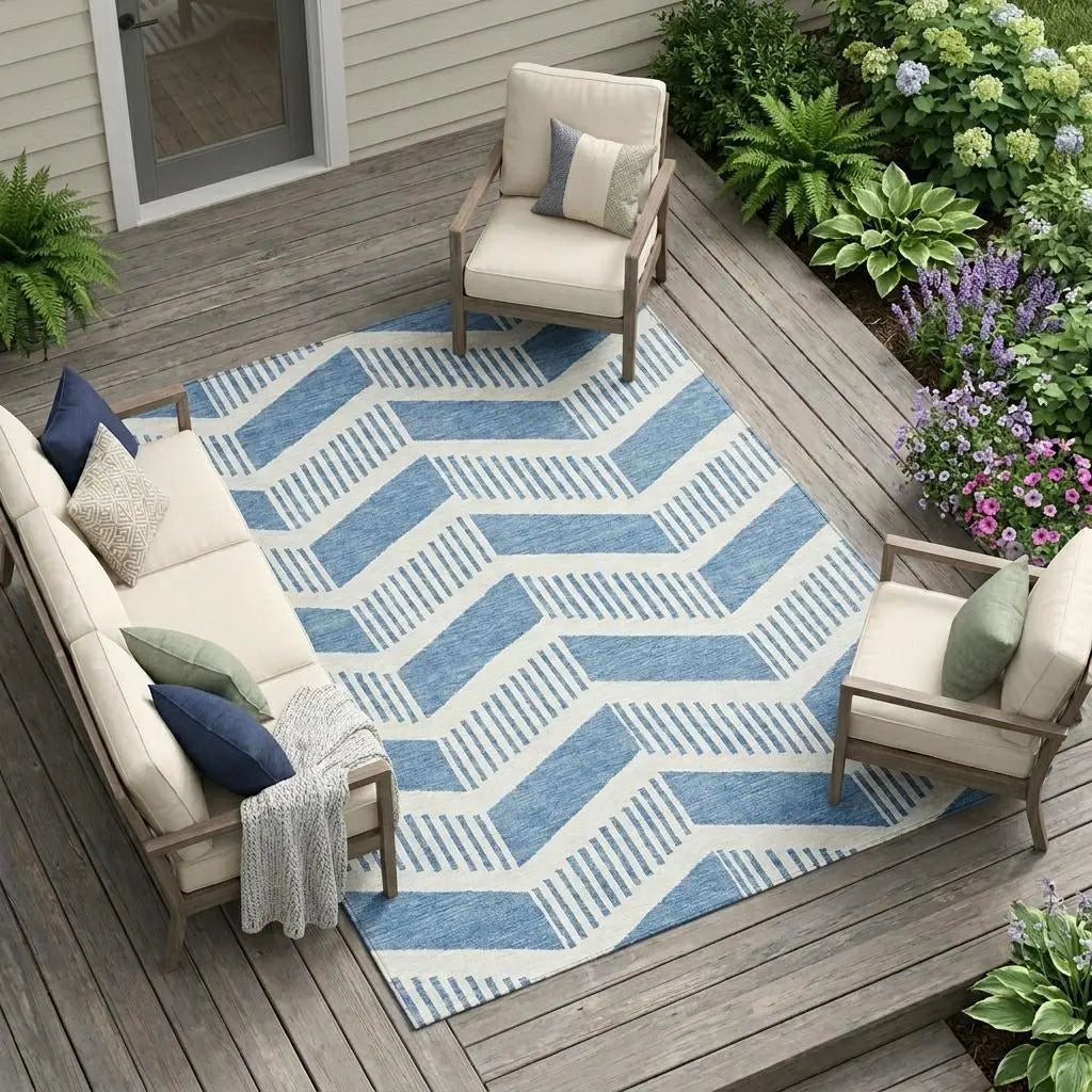 8' X 10' Denim Blue And Blue Geometric Washable Indoor Outdoor Area Rug Homeroots Outdoor