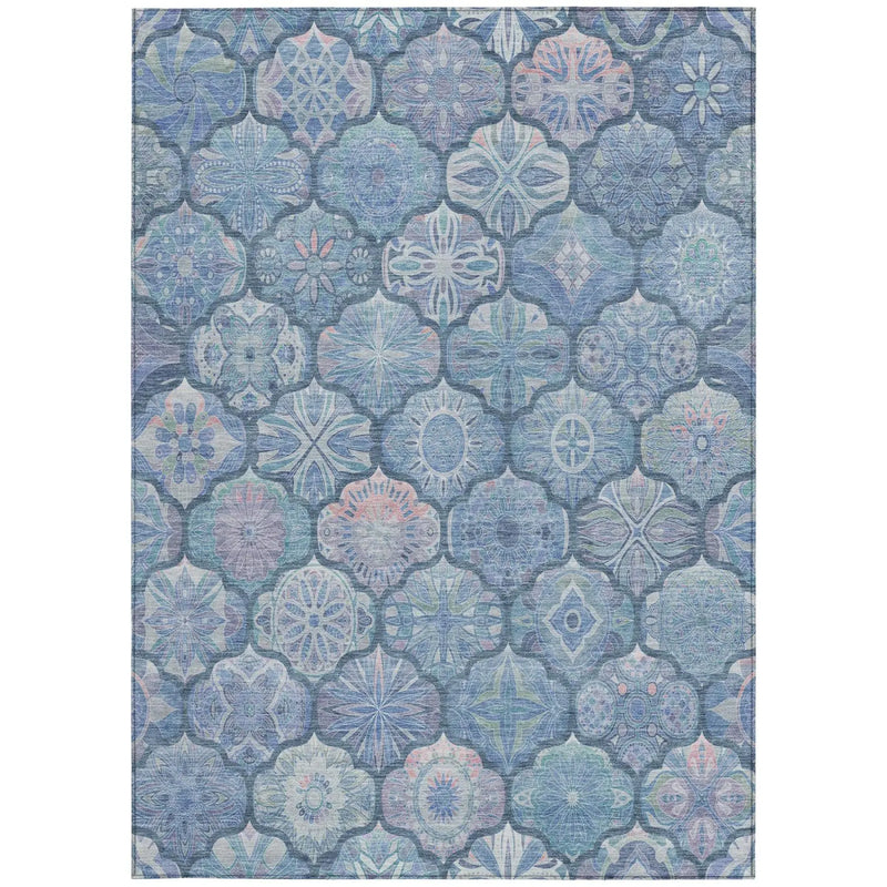 8' X 10' Denim Blue And Blue Ogee Washable Indoor Outdoor Area Rug Homeroots Outdoor
