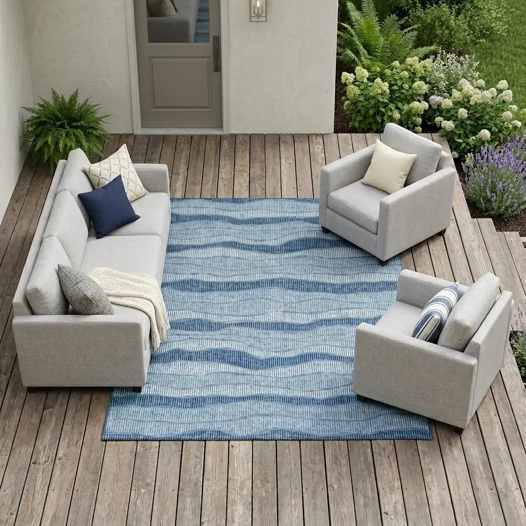 8' X 10' Denim Blue And Blue Striped Washable Indoor Outdoor Area Rug Homeroots Outdoor