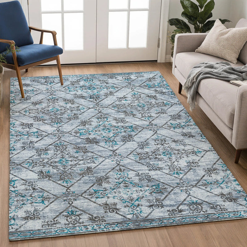 8' X 10' Denim Blue And Ivory Geometric Washable Indoor Outdoor Area Rug Homeroots Outdoor