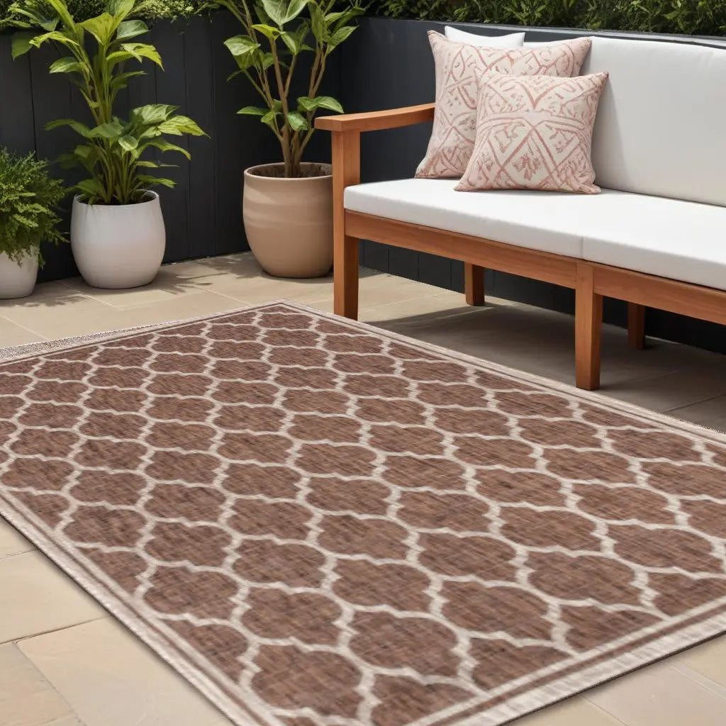 8' X 10' Espresso And Taupe Geometric Indoor Outdoor Area Rug Homeroots Outdoor