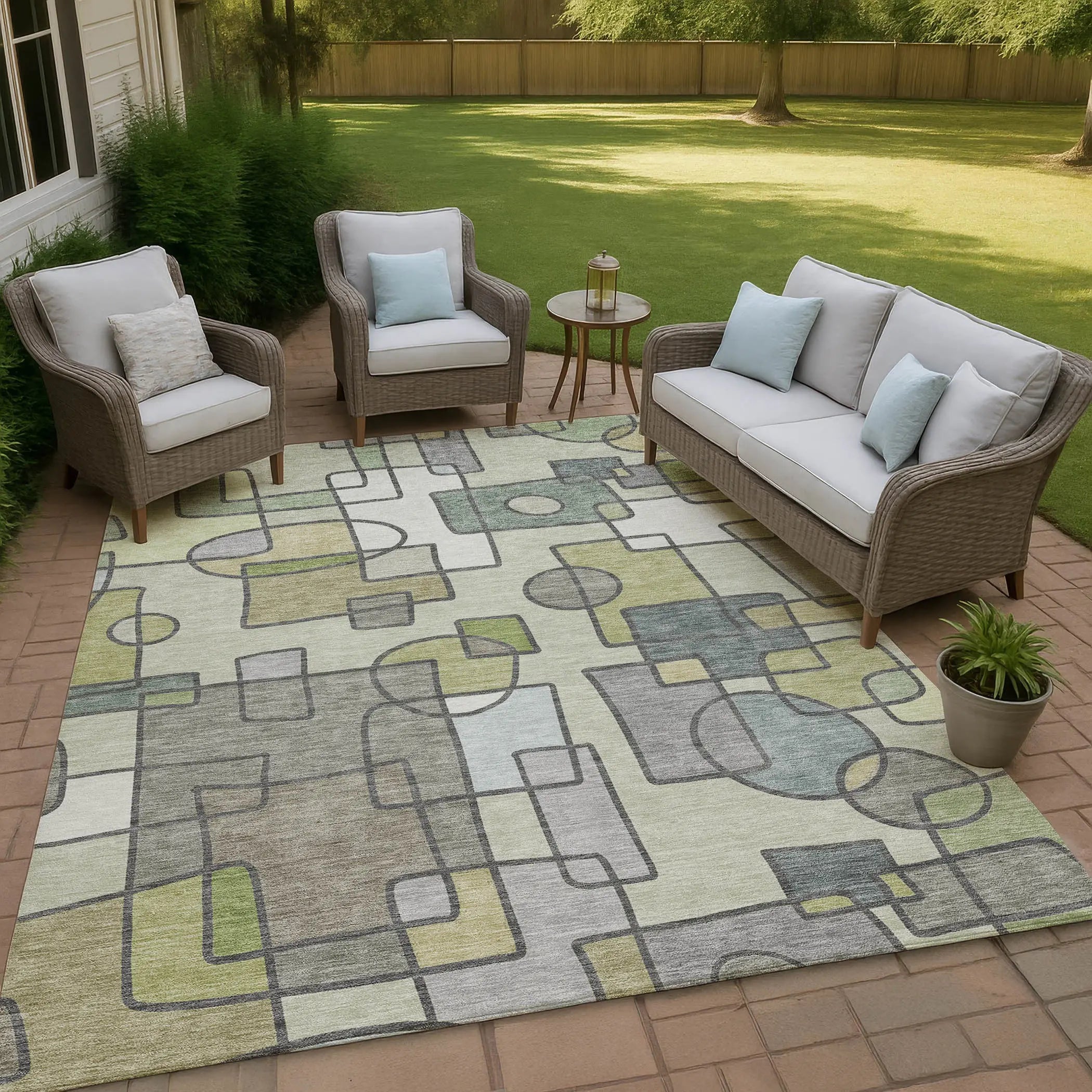 8' X 10' Fern Green And Green Geometric Washable Indoor Outdoor Area Rug Homeroots Outdoor