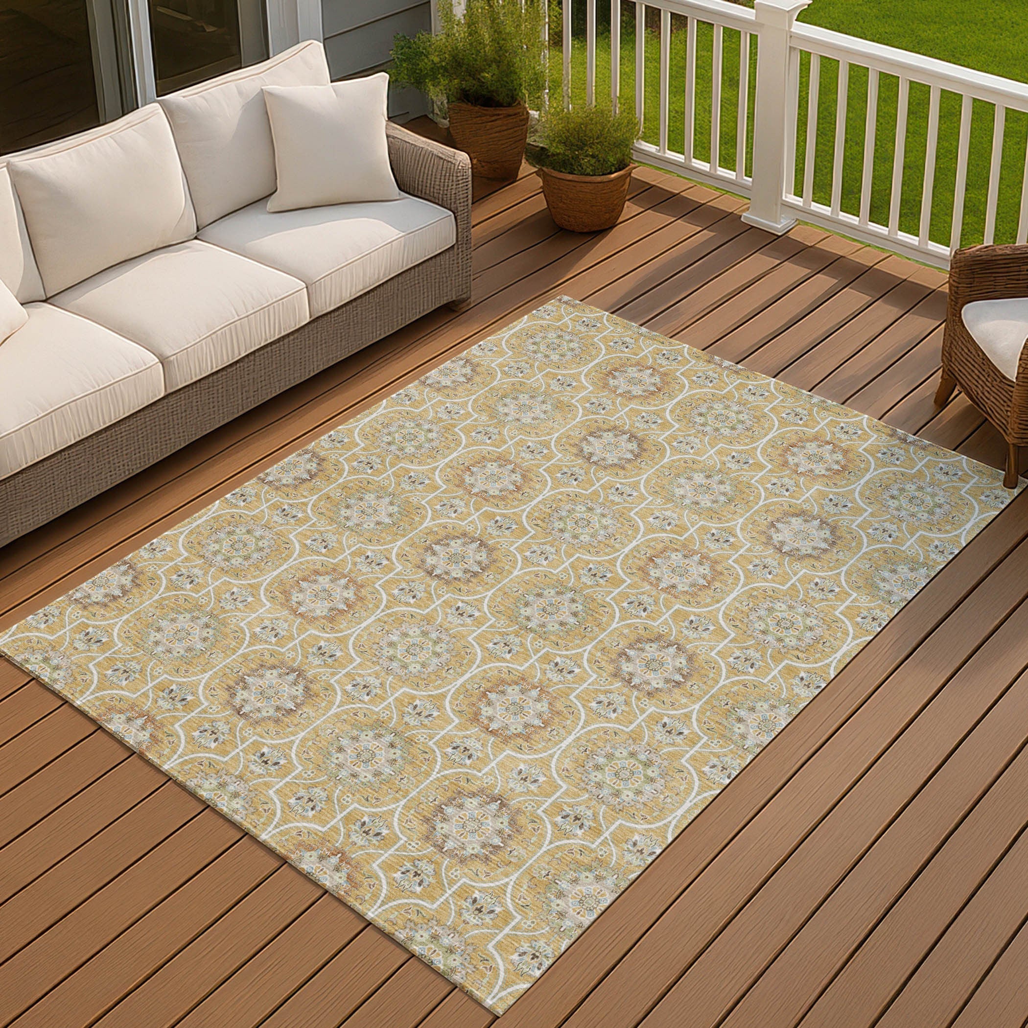 8' X 10' Gold And Beige Floral Medallion Washable Indoor Outdoor Area Rug Homeroots Outdoor