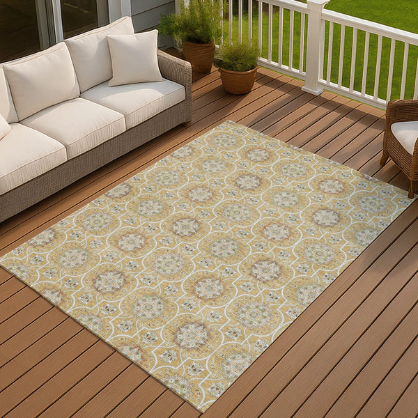 8' X 10' Gold And Beige Floral Medallion Washable Indoor Outdoor Area Rug Homeroots Outdoor