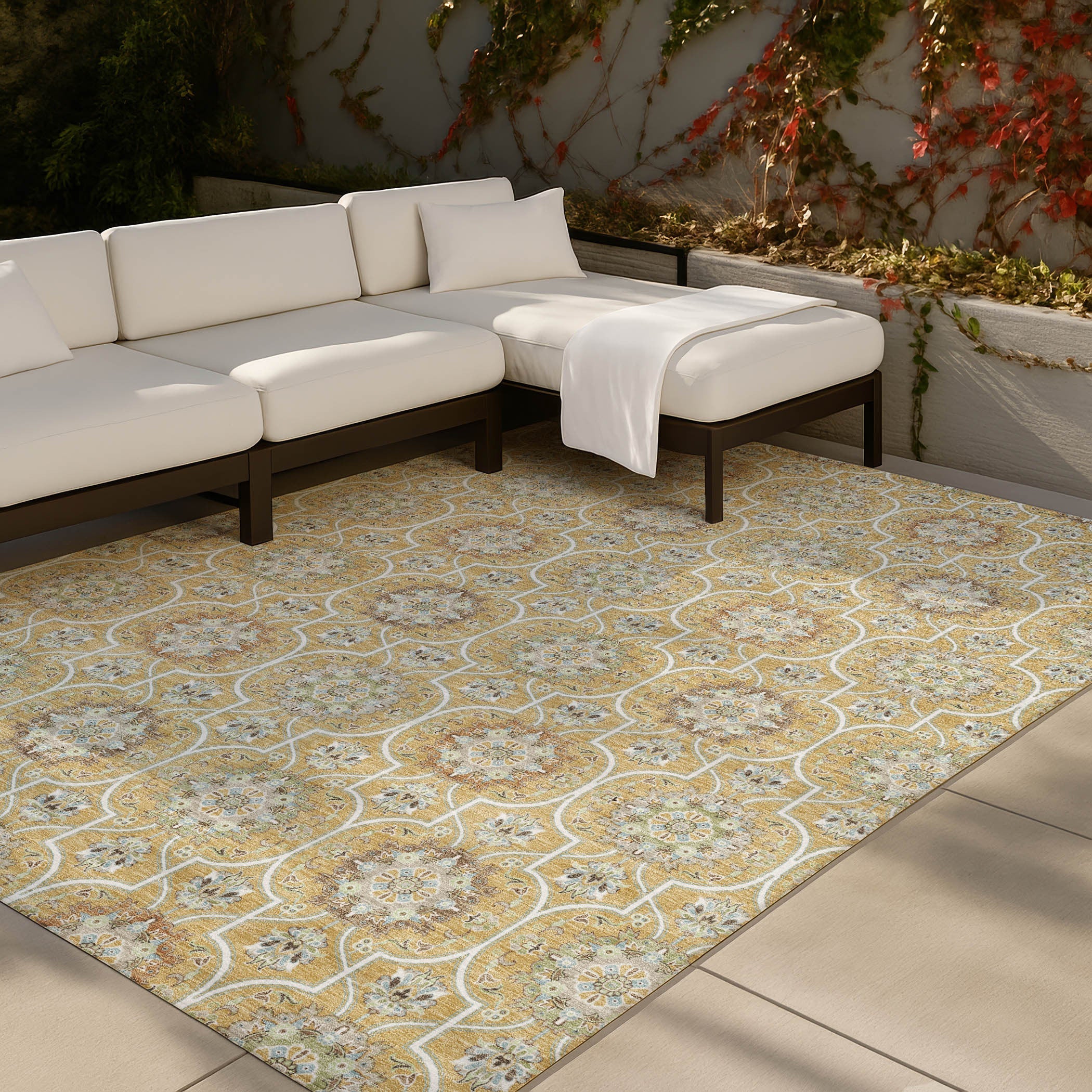 8' X 10' Gold And Beige Floral Medallion Washable Indoor Outdoor Area Rug Homeroots Outdoor