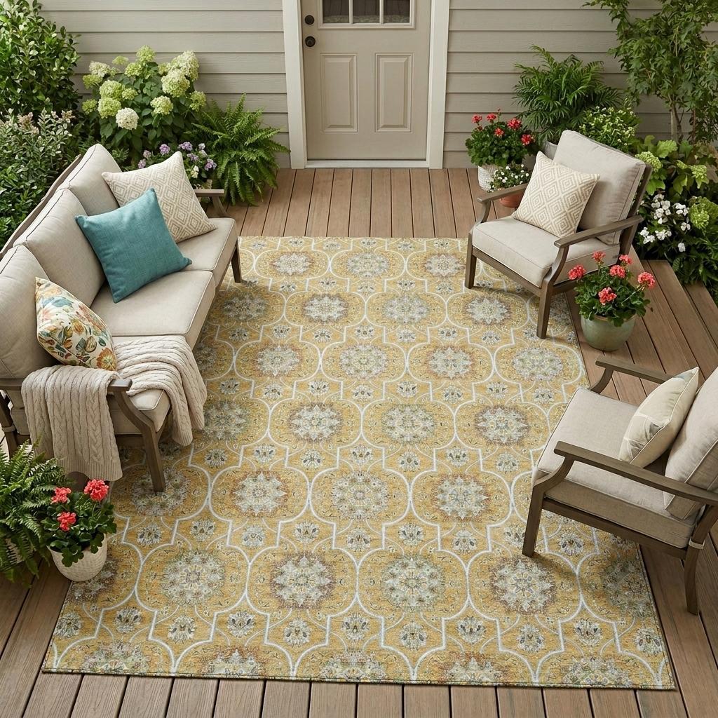 8' X 10' Gold And Beige Floral Medallion Washable Indoor Outdoor Area Rug Homeroots Outdoor