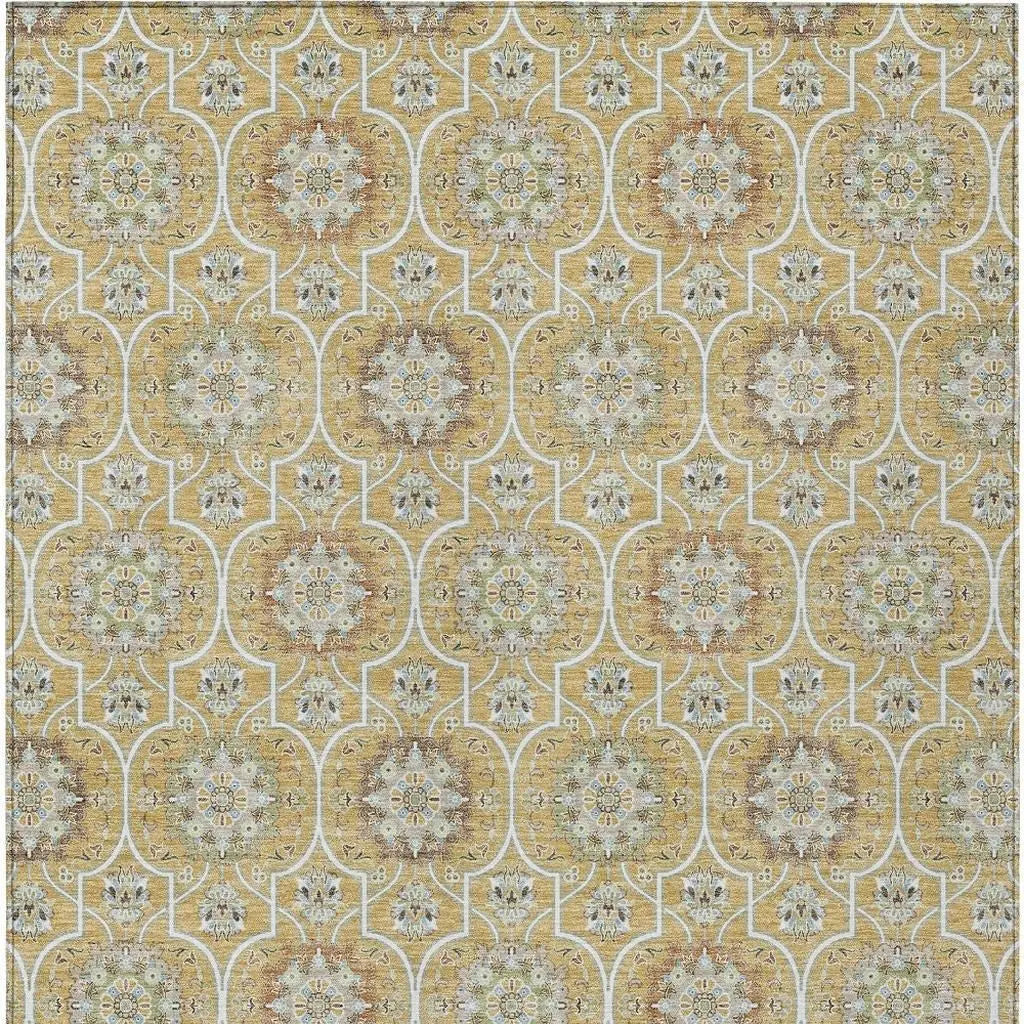 8' X 10' Gold And Beige Floral Medallion Washable Indoor Outdoor Area Rug Homeroots Outdoor