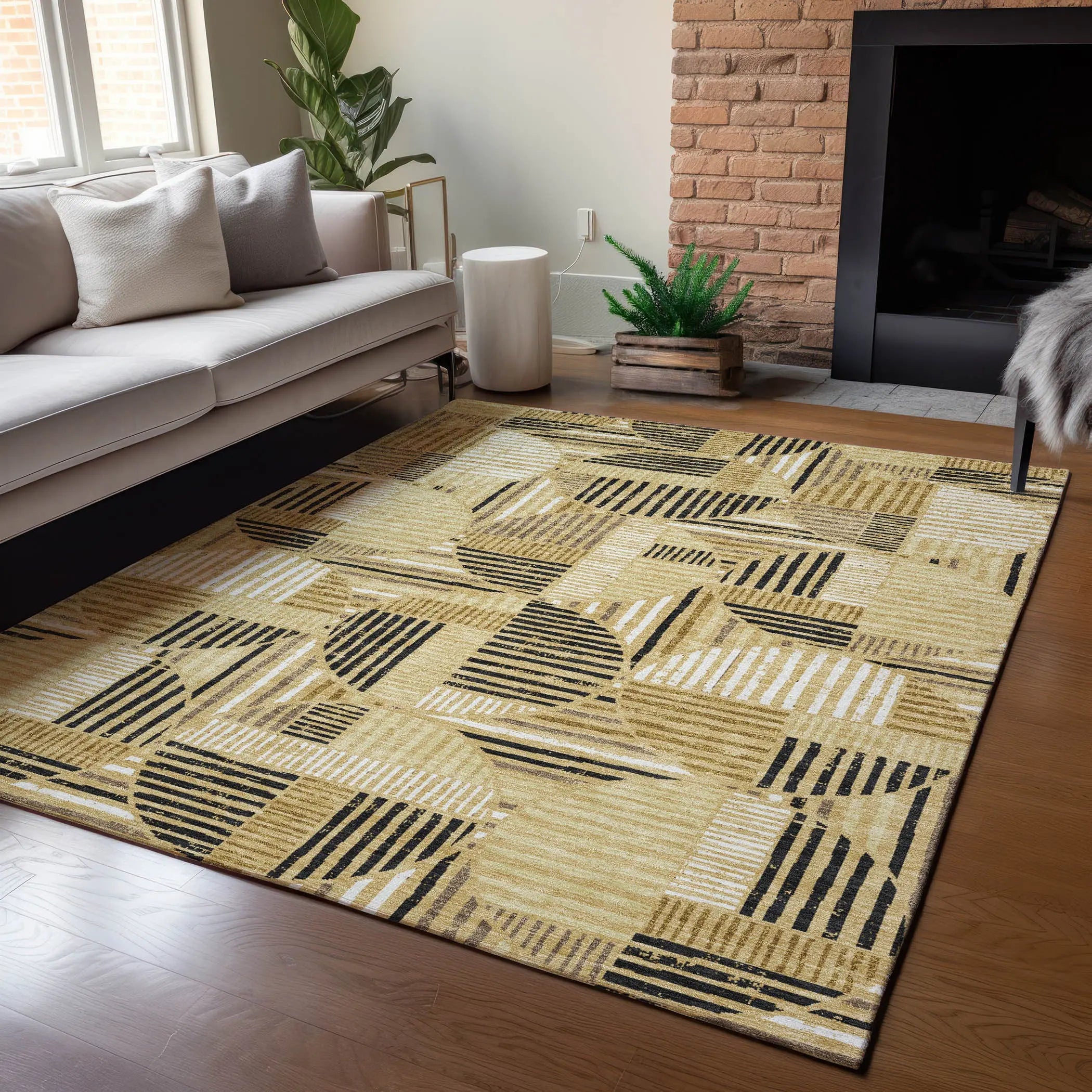 8' X 10' Gold And Blue Geometric Washable Indoor Outdoor Area Rug Homeroots Outdoor