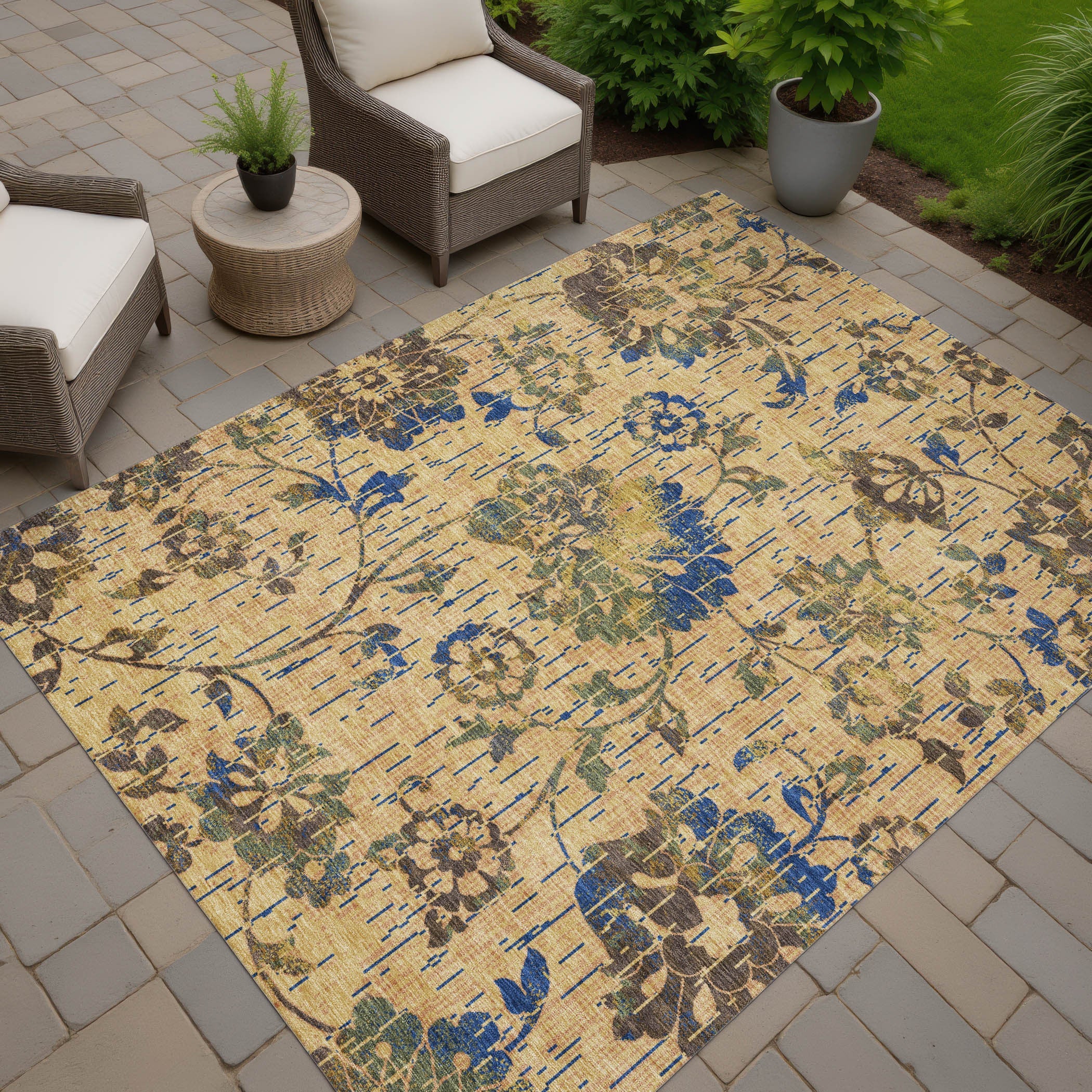 8' X 10' Gold And Brown Floral Washable Indoor Outdoor Area Rug Homeroots Outdoor