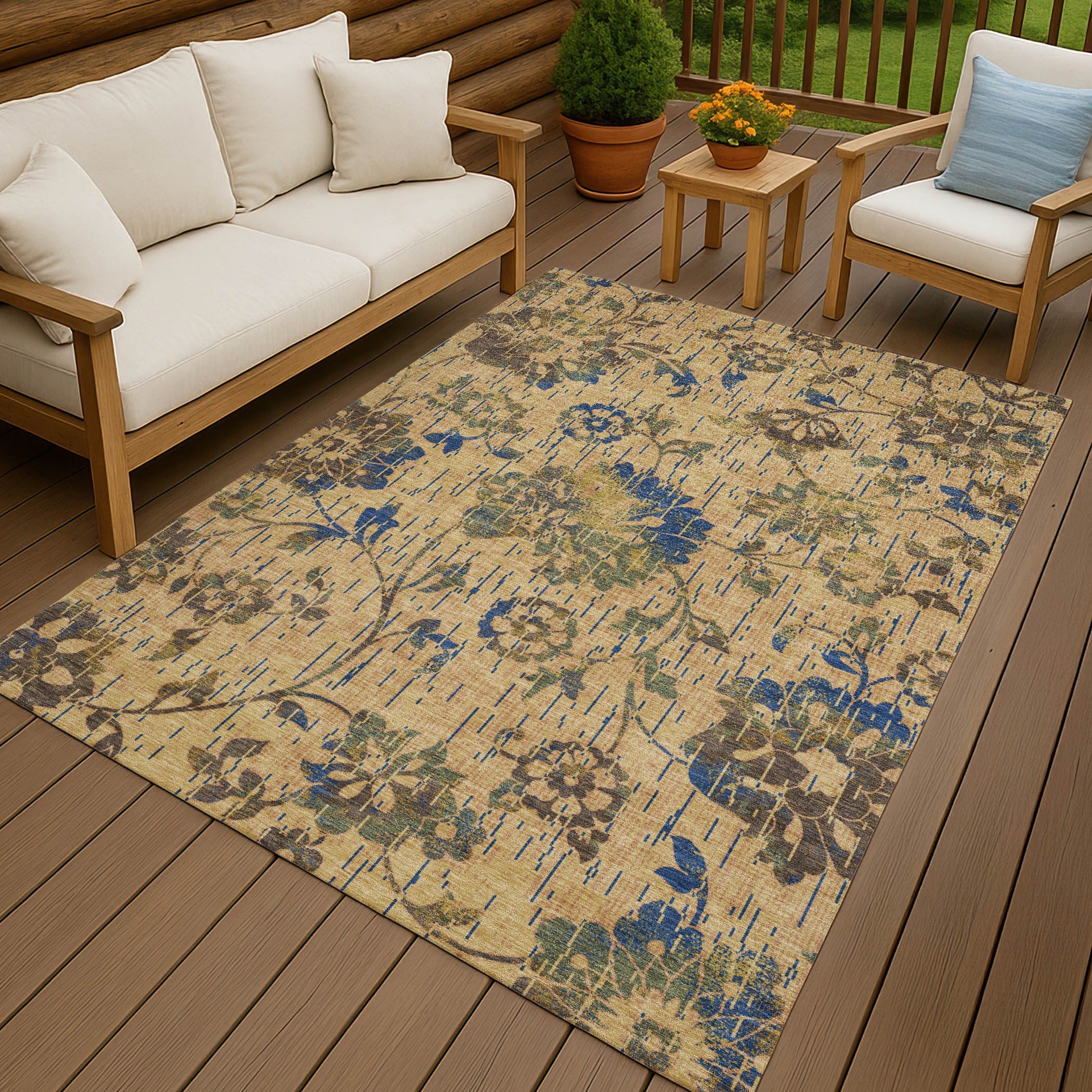 8' X 10' Gold And Brown Floral Washable Indoor Outdoor Area Rug Homeroots Outdoor