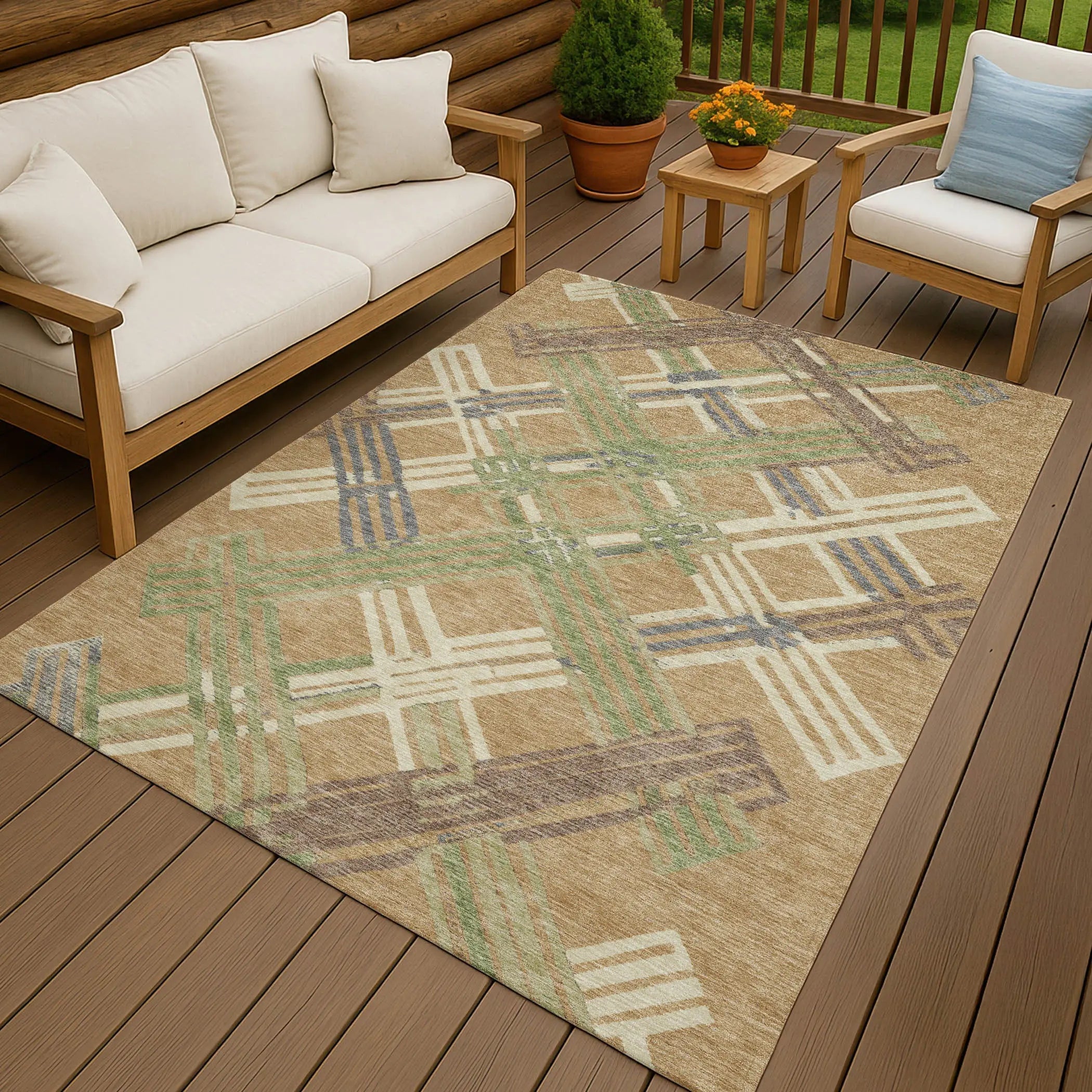 8' X 10' Gold And Brown Geometric Washable Indoor Outdoor Area Rug Homeroots Outdoor