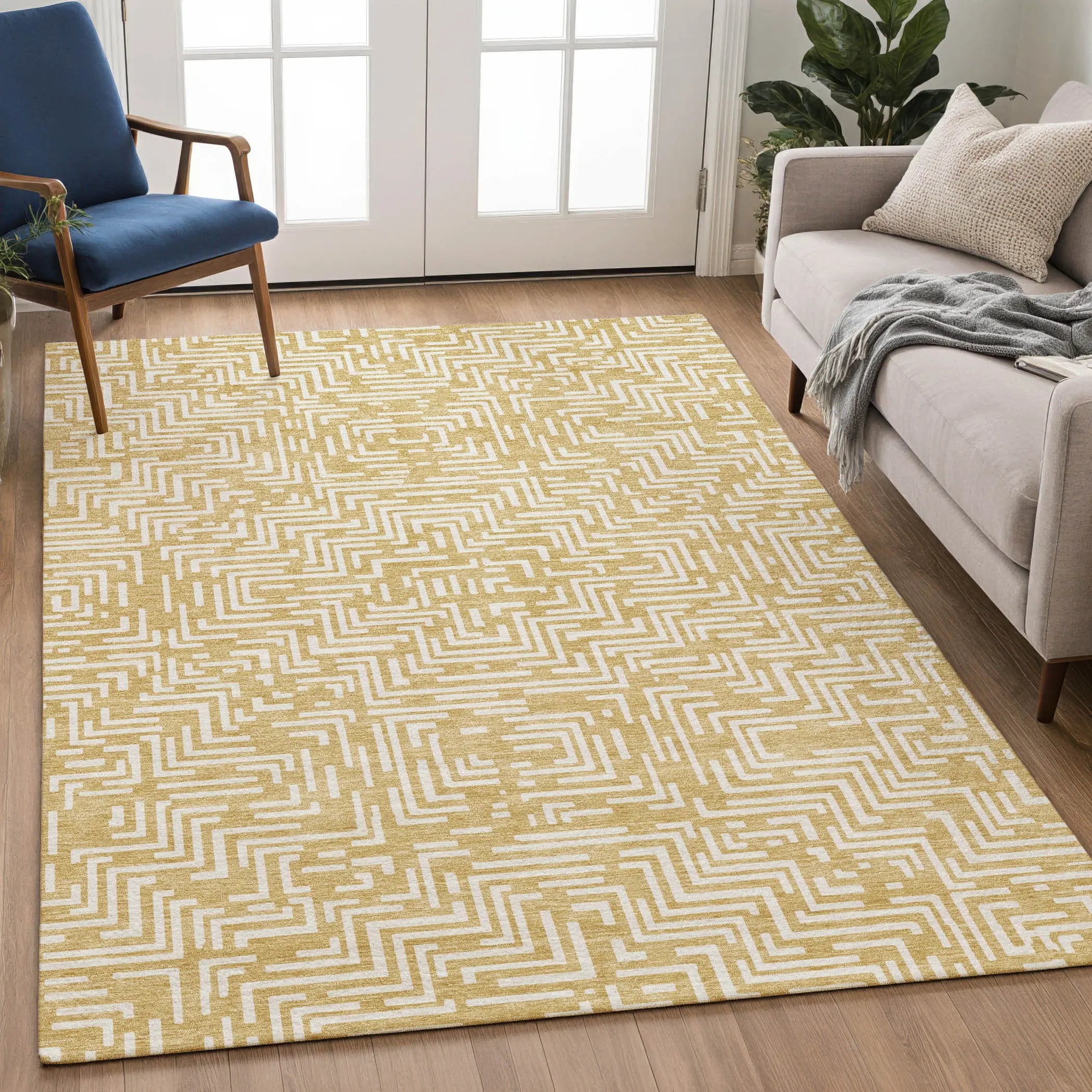 8' X 10' Gold And Brown Geometric Washable Indoor Outdoor Area Rug Homeroots Outdoor