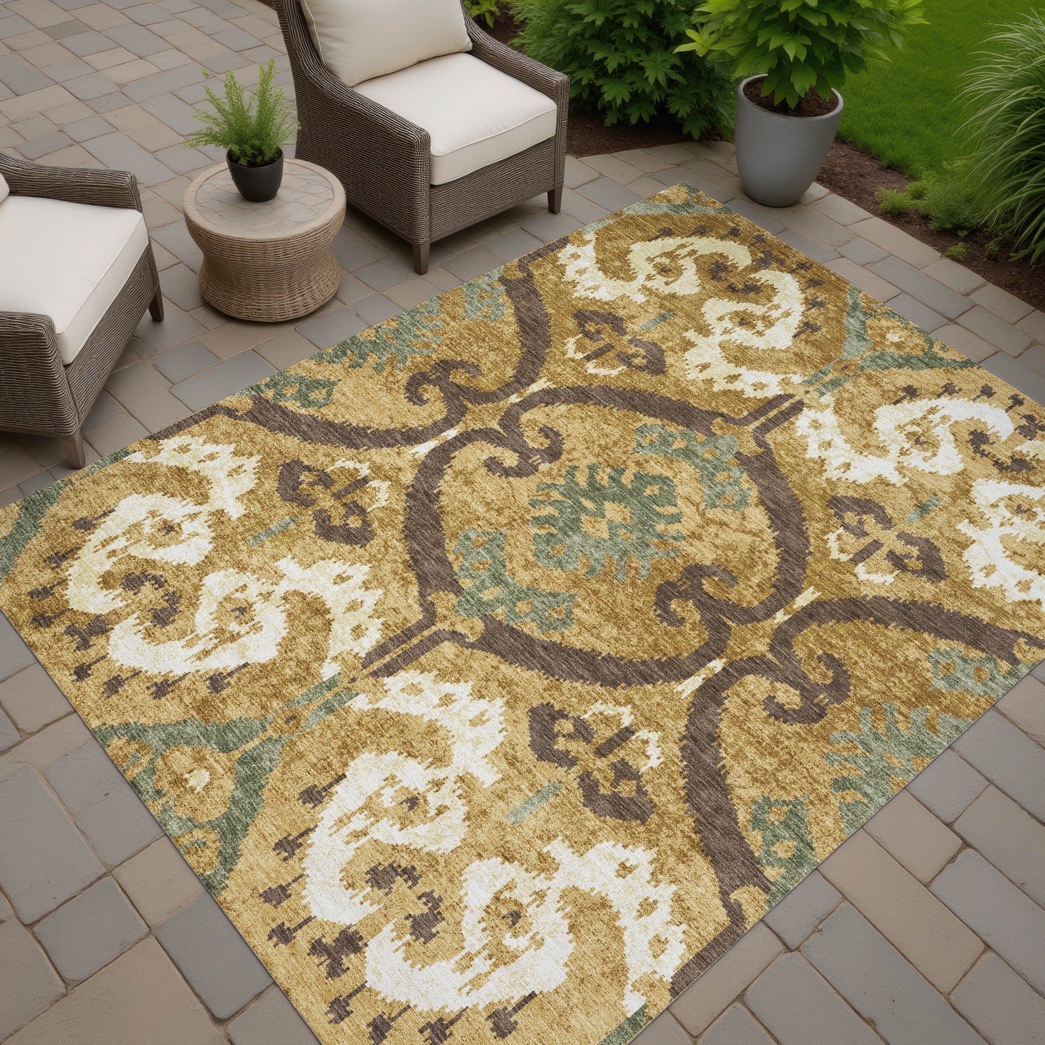 8' X 10' Gold And Brown Ikat Washable Indoor Outdoor Area Rug Homeroots Outdoor
