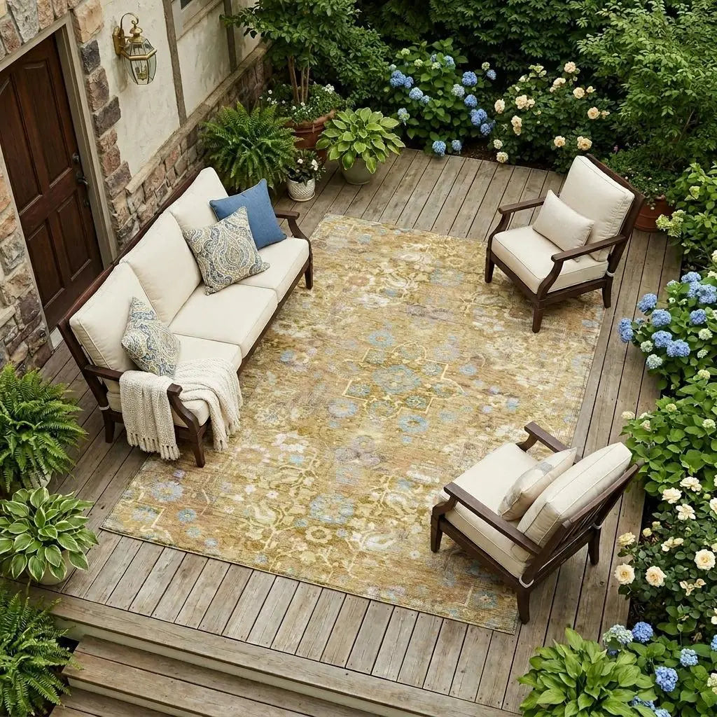 8' X 10' Gold And Copper Floral Medallion Washable Indoor Outdoor Area Rug Homeroots Outdoor