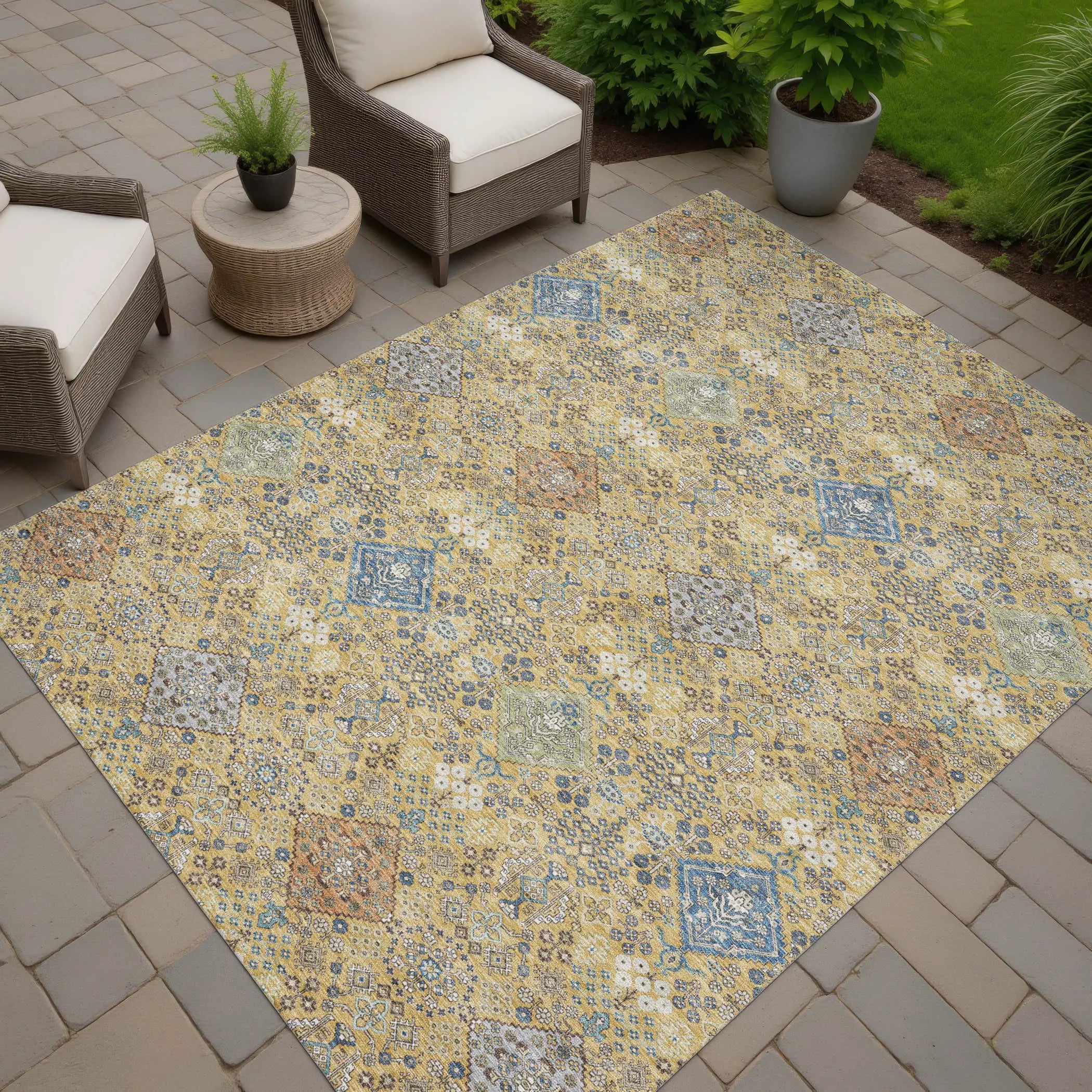 8' X 10' Gold And Copper Oriental Washable Indoor Outdoor Area Rug Homeroots Outdoor