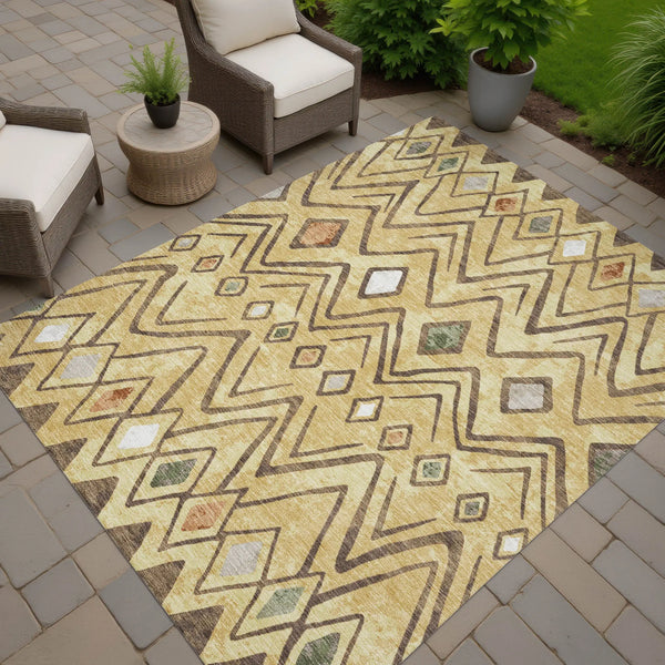 8' X 10' Gold And Green Geometric Washable Indoor Outdoor Area Rug Homeroots Outdoor