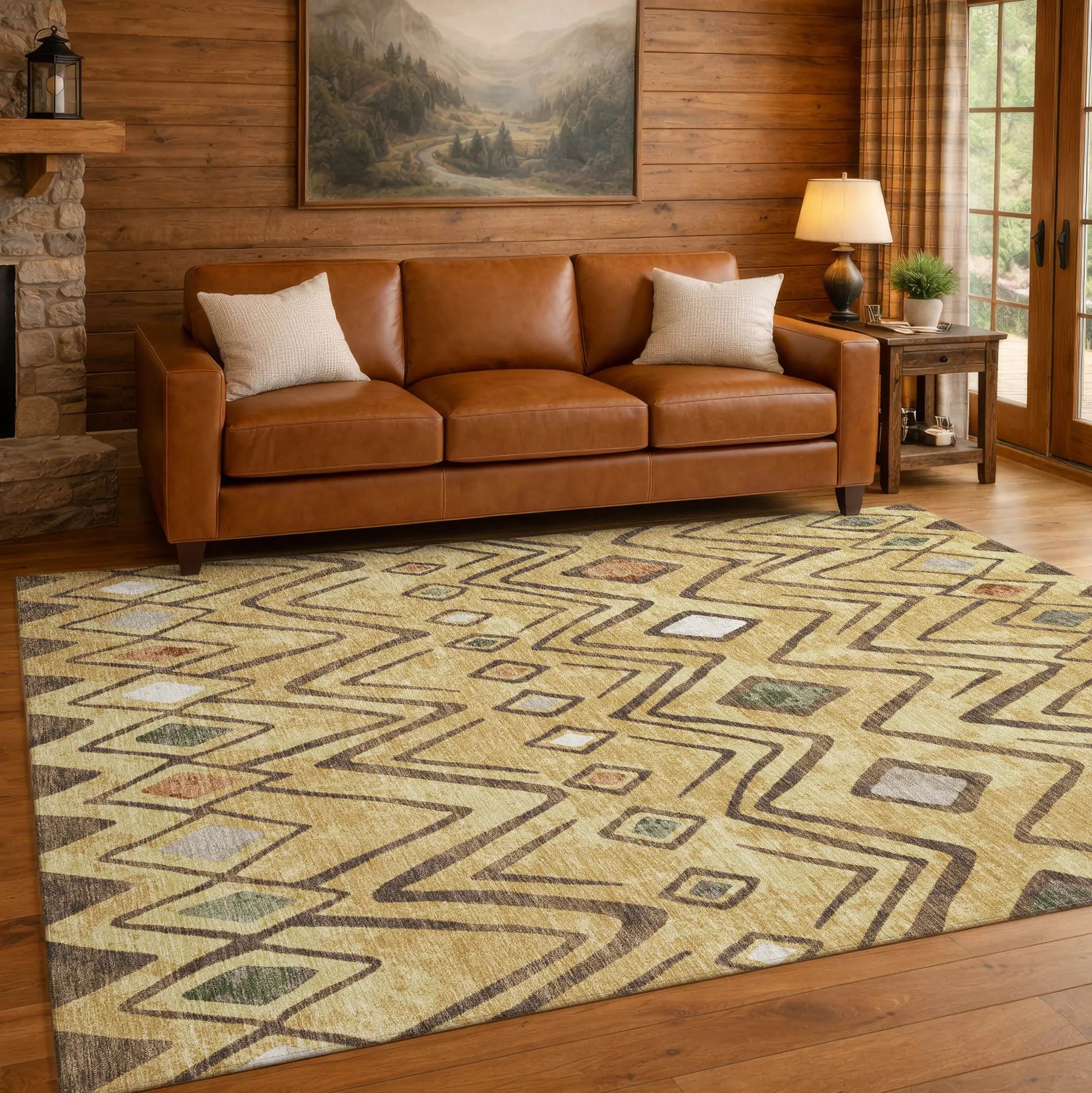 8' X 10' Gold And Green Geometric Washable Indoor Outdoor Area Rug Homeroots Outdoor