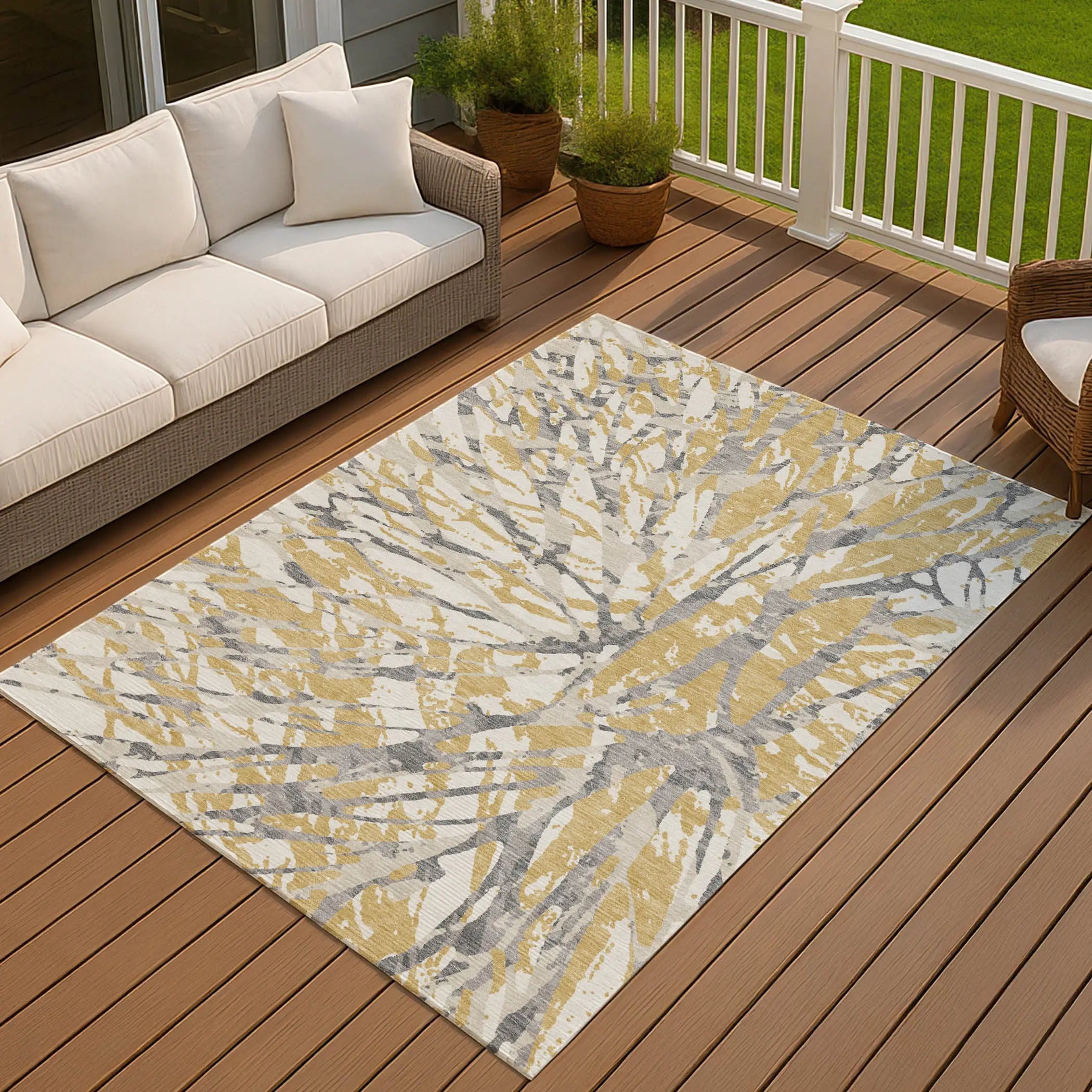 8' X 10' Gold And Ivory Abstract Washable Indoor Outdoor Area Rug Homeroots Outdoor