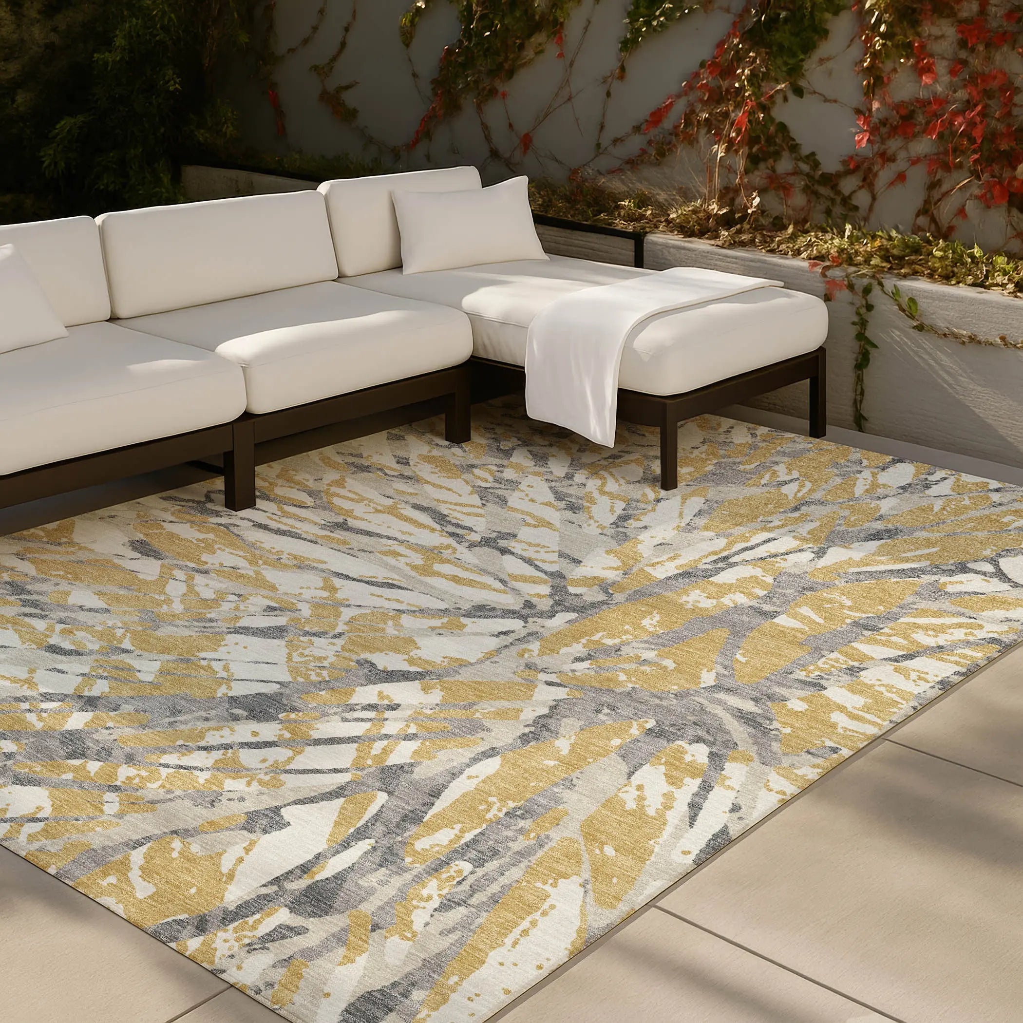 8' X 10' Gold And Ivory Abstract Washable Indoor Outdoor Area Rug Homeroots Outdoor