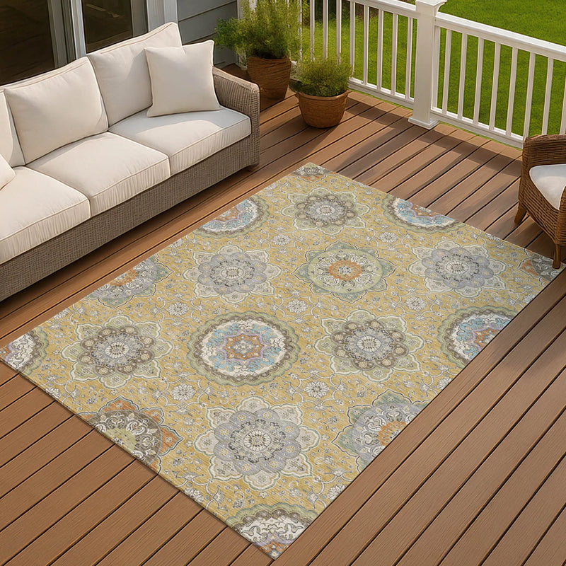 8' X 10' Gold And Ivory Floral Medallion Washable Indoor Outdoor Area Rug Homeroots Outdoor