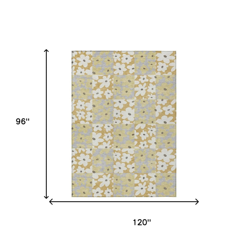 8' X 10' Gold And Ivory Floral Washable Indoor Outdoor Area Rug Homeroots Outdoor