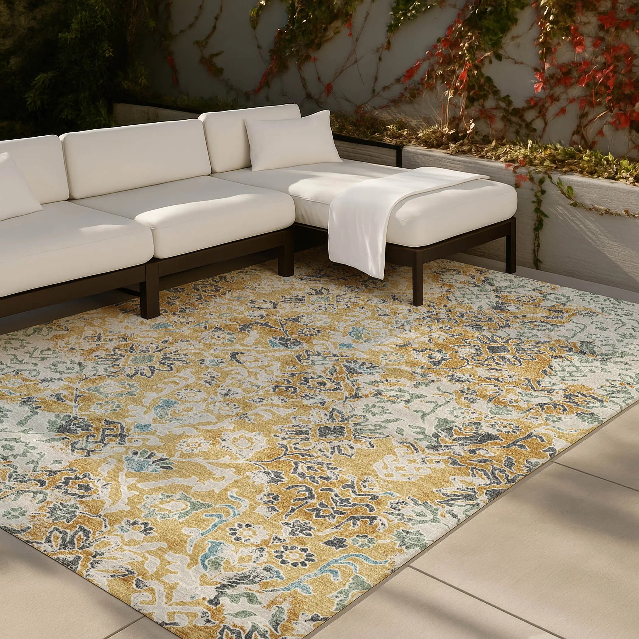 8' X 10' Gold And Ivory Geometric Washable Indoor Outdoor Area Rug Homeroots Outdoor