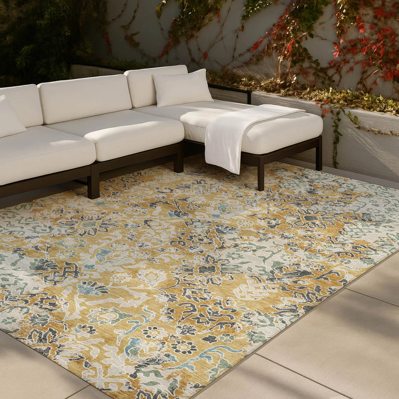 8' X 10' Gold And Ivory Geometric Washable Indoor Outdoor Area Rug Homeroots Outdoor