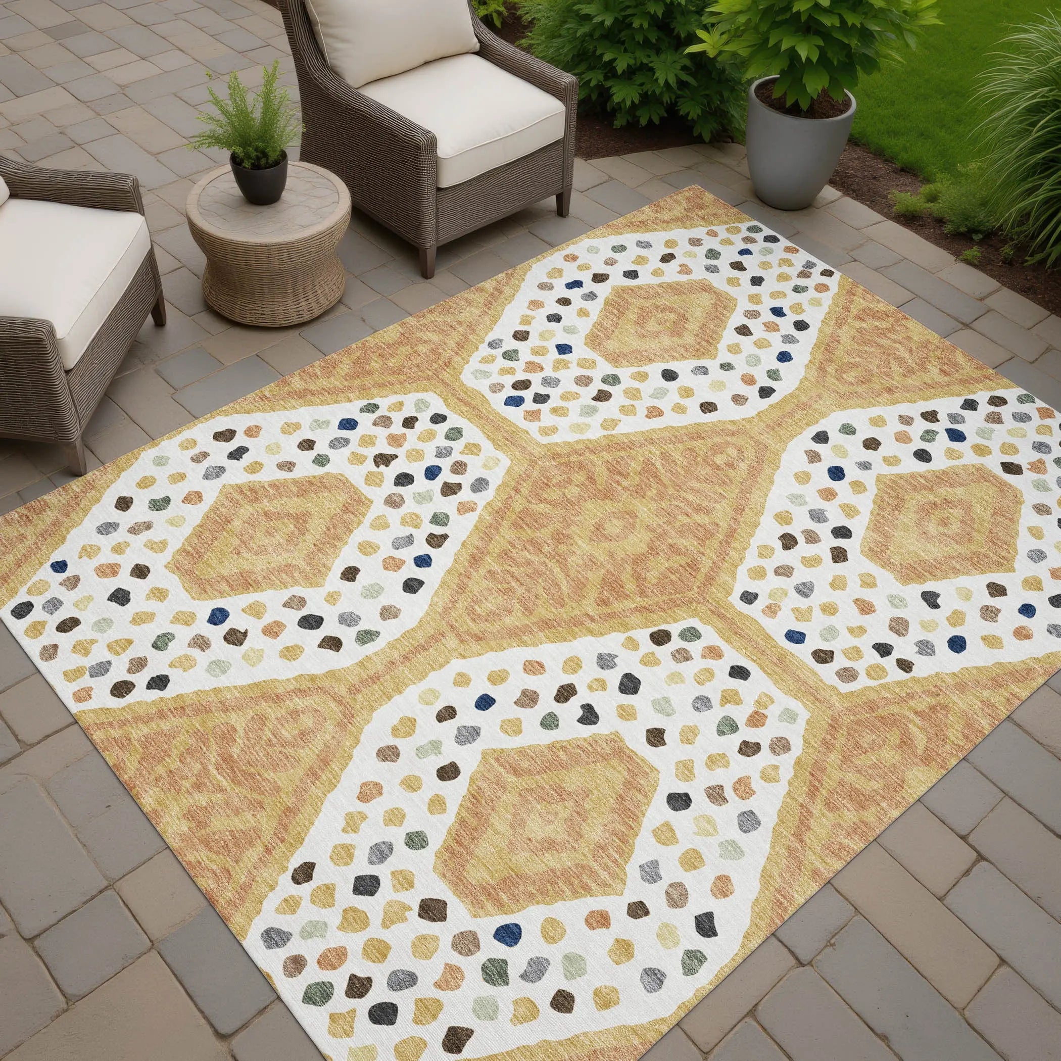 8' X 10' Gold And Ivory Tribal Washable Indoor Outdoor Area Rug Homeroots Outdoor