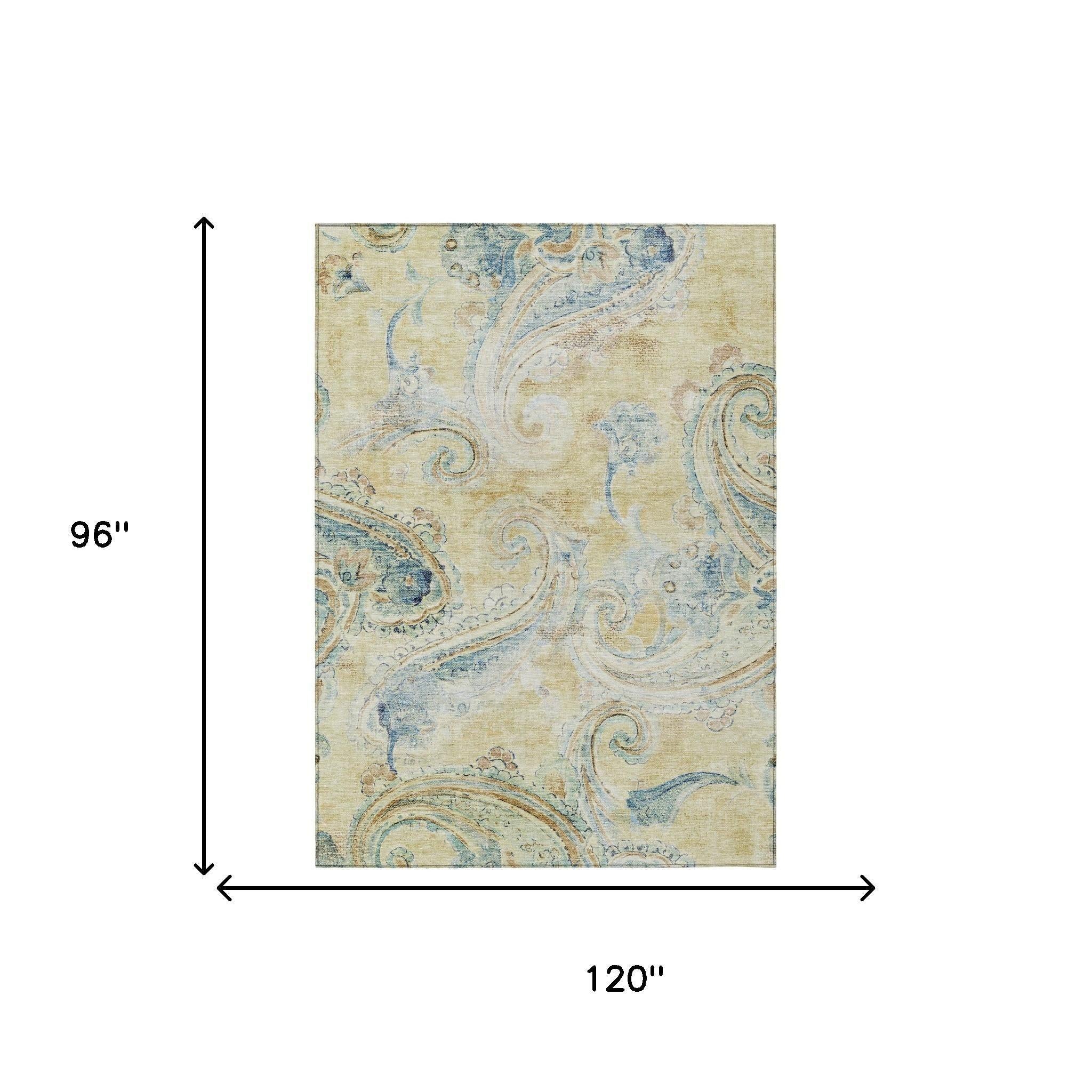 8' X 10' Gold And Mint Green Paisley Washable Indoor Outdoor Area Rug Homeroots Outdoor